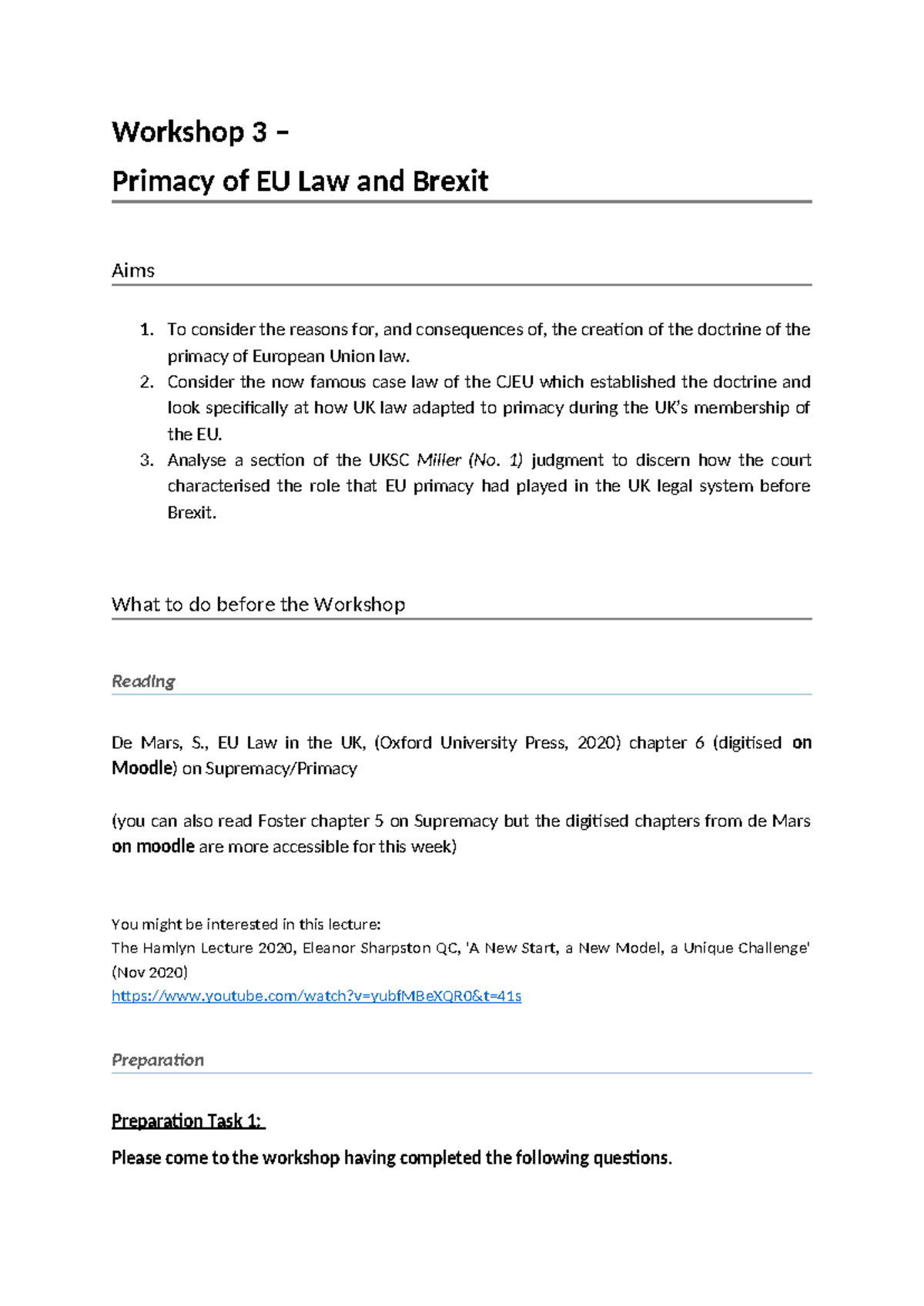 Week 3 Workshop - Primacy and Brexit - Workshop 3 – Primacy of EU Law ...