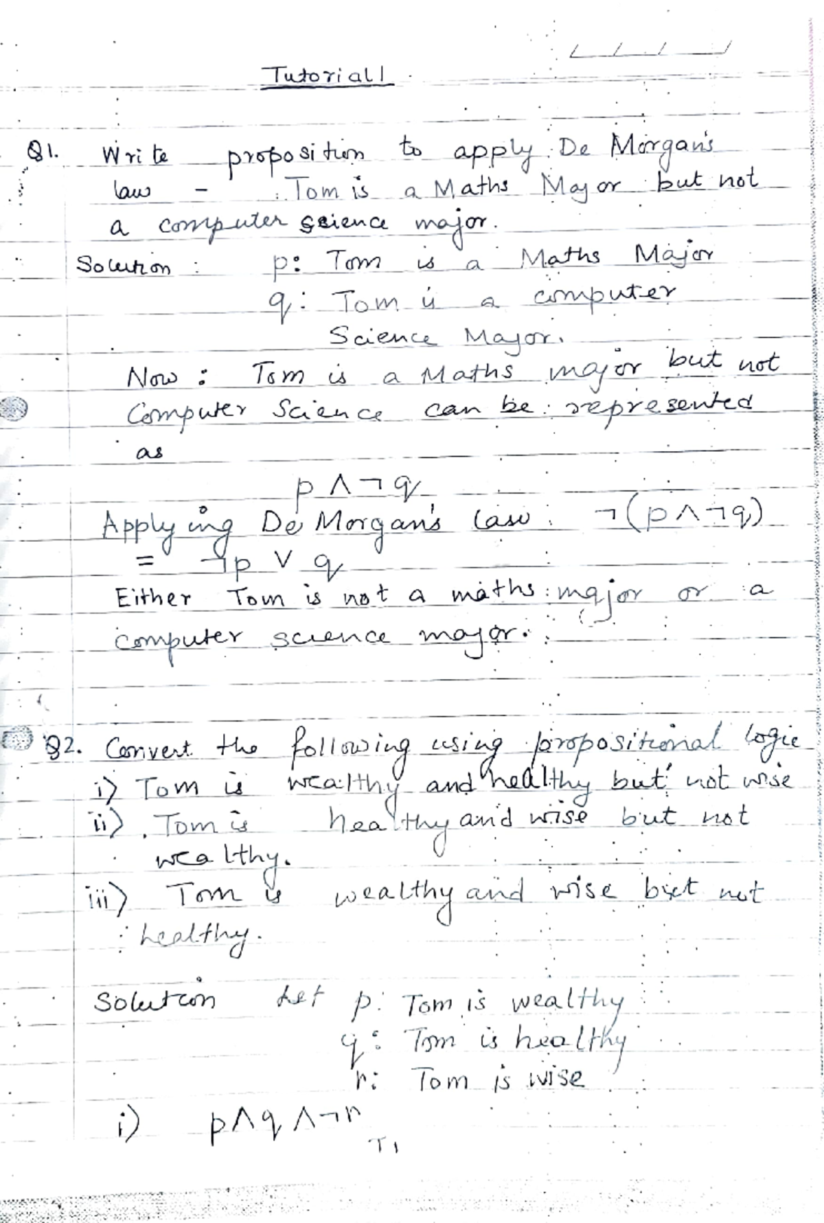 DM questions - Tutorial Q1. Write proposition to apply De law Tom is a ...