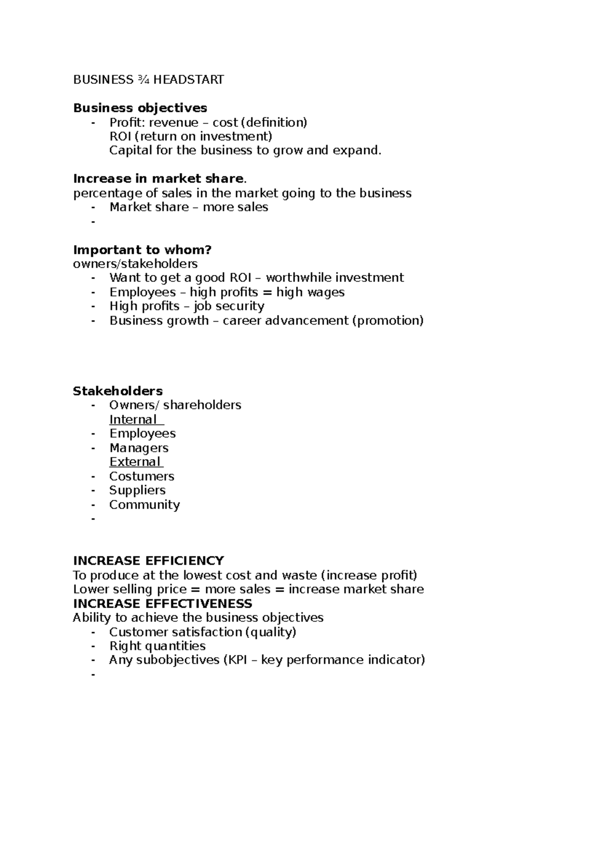 BUSINESS ¾ HEADSTART: Objectives for Profit & Growth Strategies - Studocu