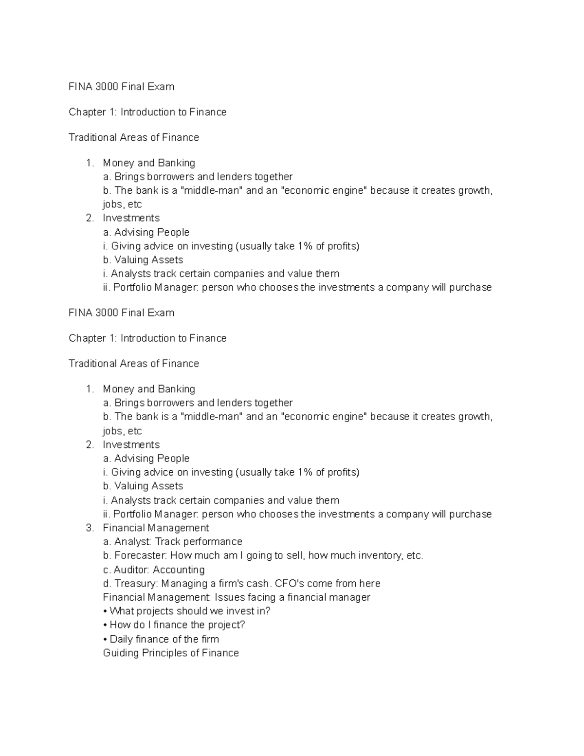 FINA Final Exam Chapter 1: Intro to Finance & Traditional Areas - Studocu