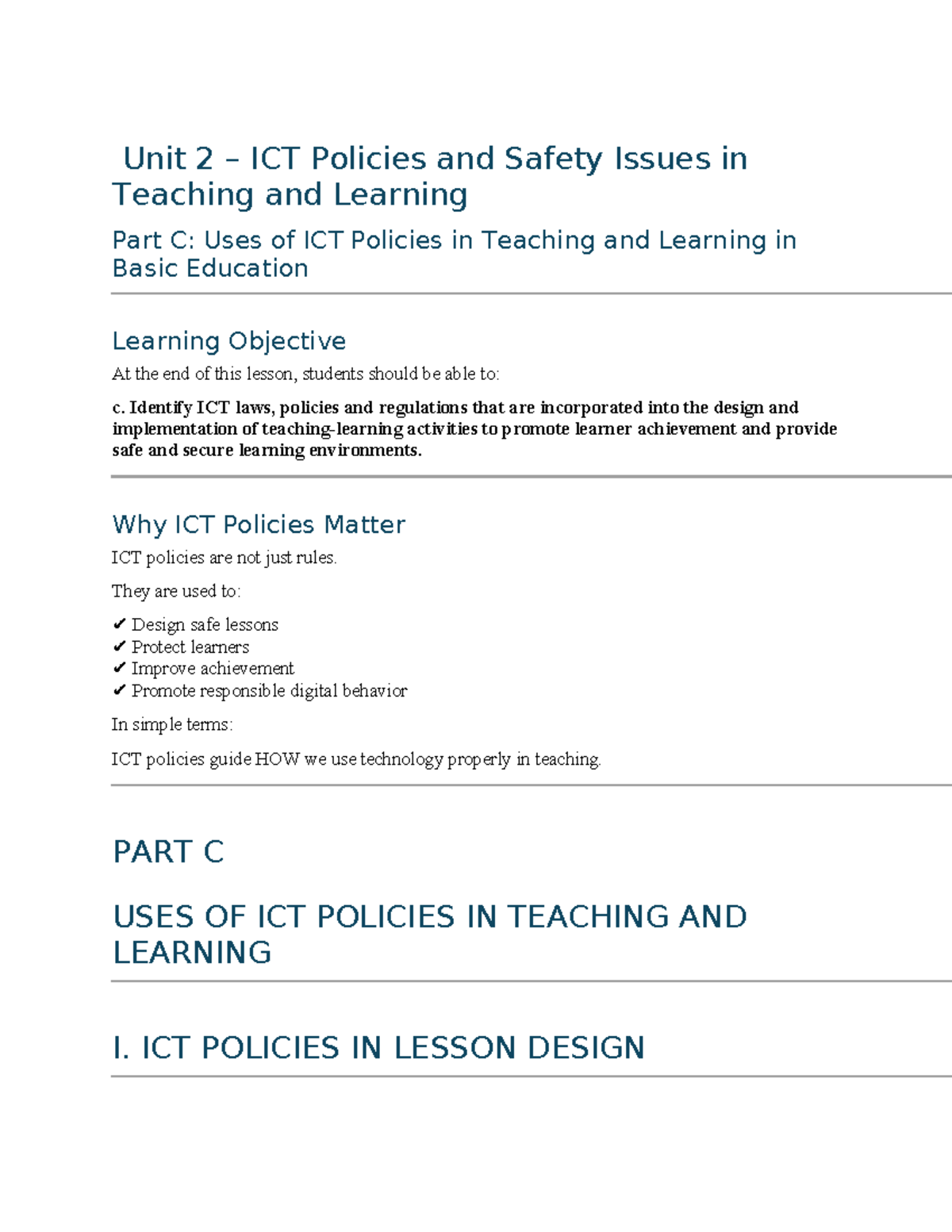 Unit 2: Uses of ICT Policies in Teaching & Learning in Basic Education ...