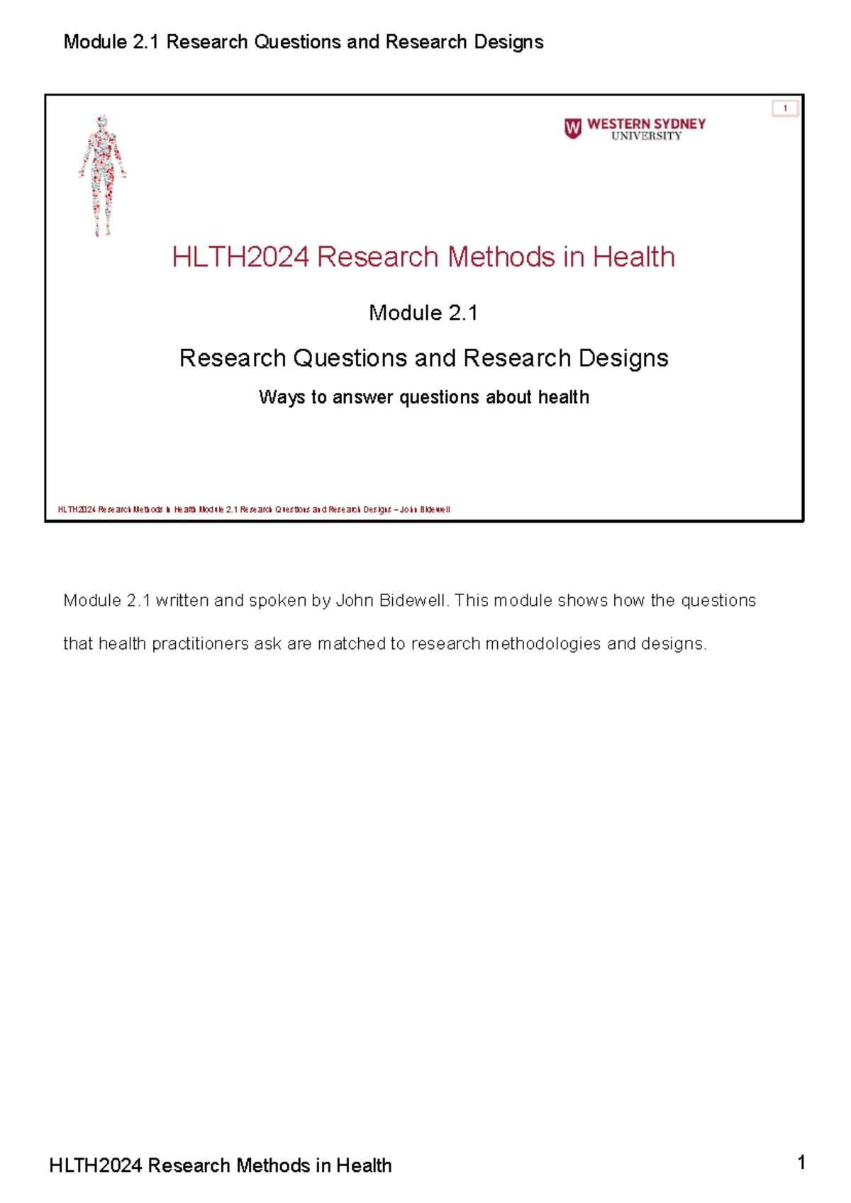 HLTH2024 Module 2: Research Questions & Designs in Health - Studocu