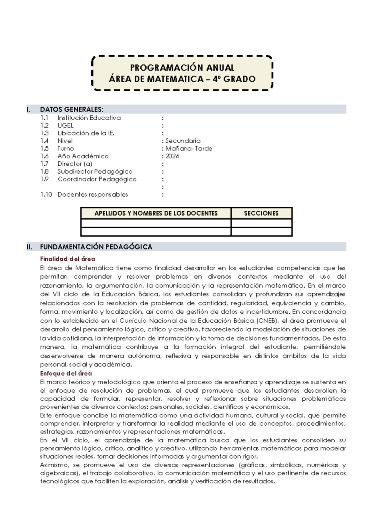 PA Matemática 4º Grado 2026 - Programación Anual y Enfoques Pedagógicos ...