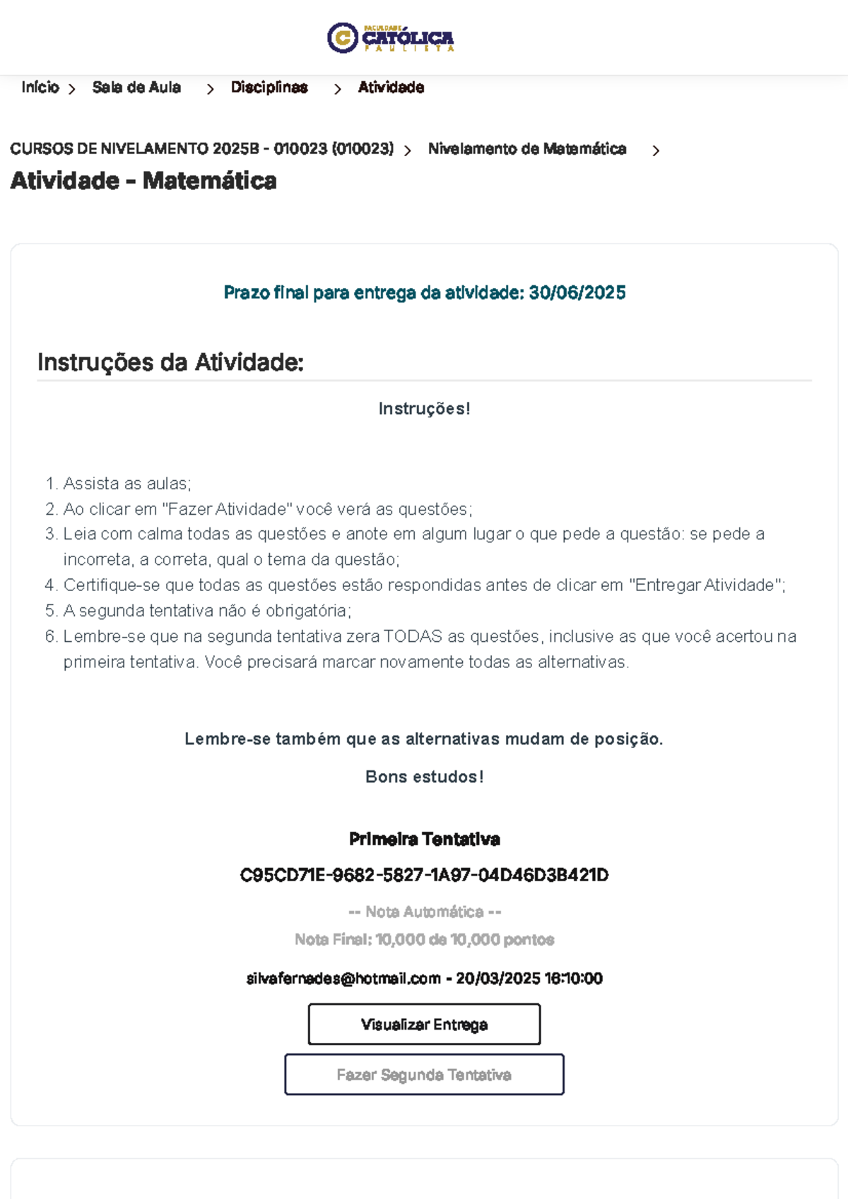 AVA - Faculdade Católica Paulista - Atividade de nivelamento de ...