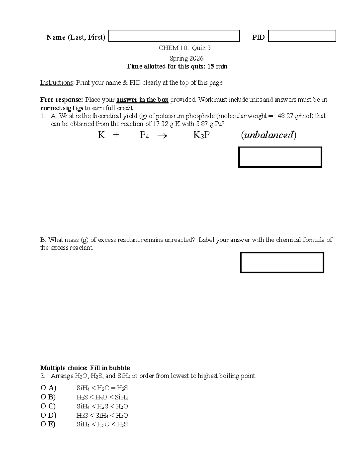 CHEM 101 Quiz 3 Practice - Spring 2026 Exam Prep - Studocu