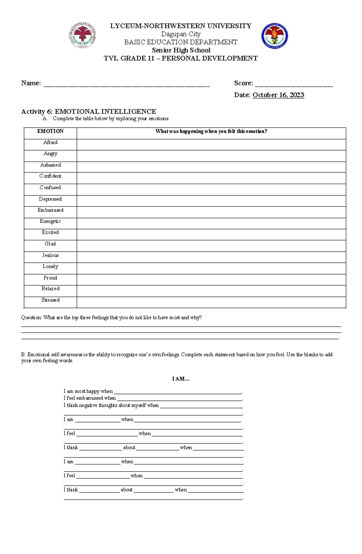 TVL GRADE 11 PERSONAL DEVELOPMENT: Lesson 8 Activity on Emotional ...