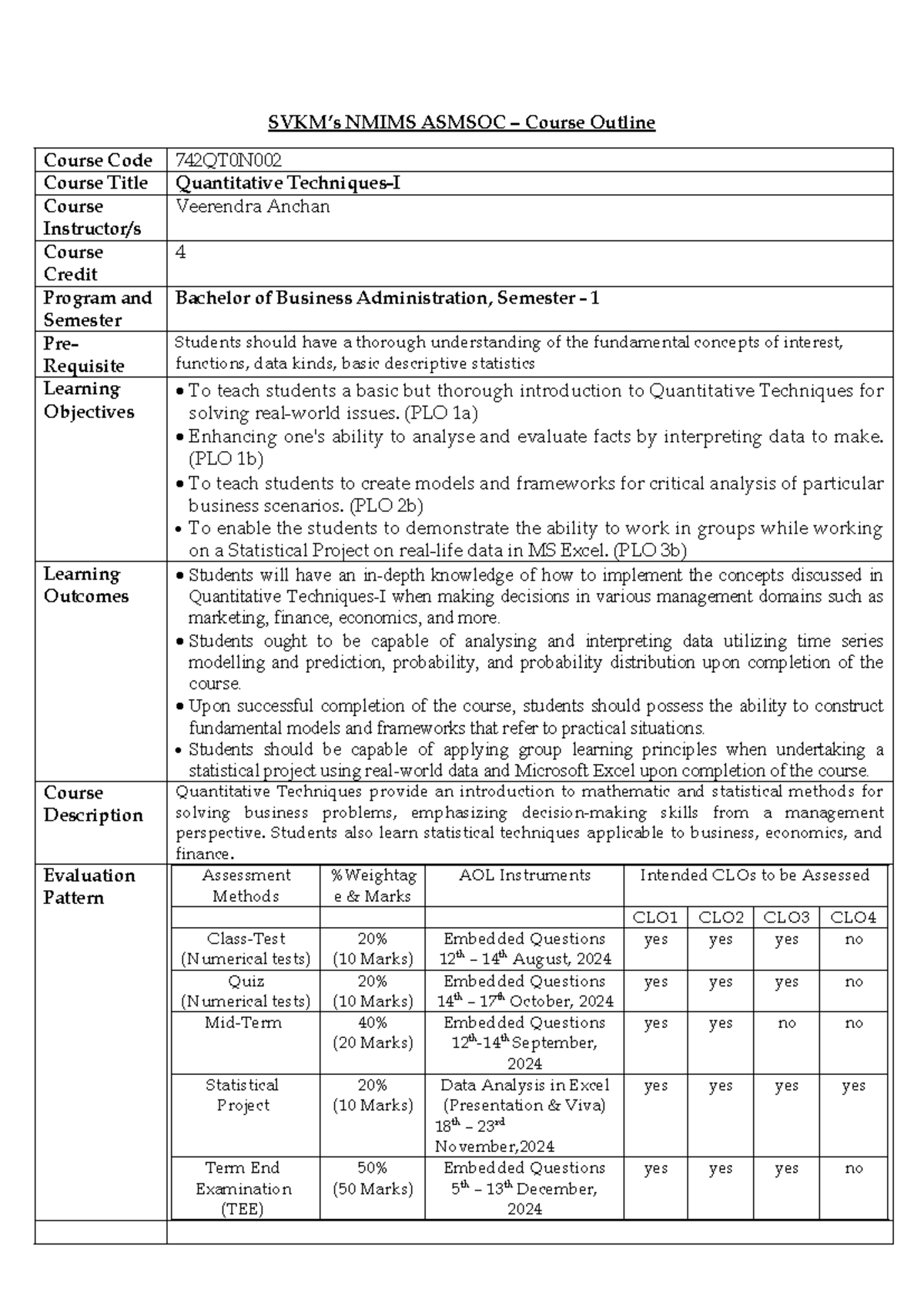 Quantitative Techniques-I Course Outline (742QT0N) for BBA Sem-1 - Studocu