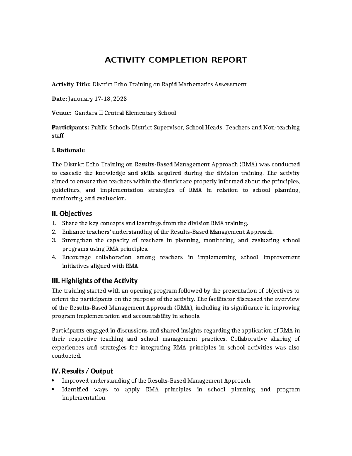 ACR District Echo Training Report on Rapid Mathematics Assessment - Studocu