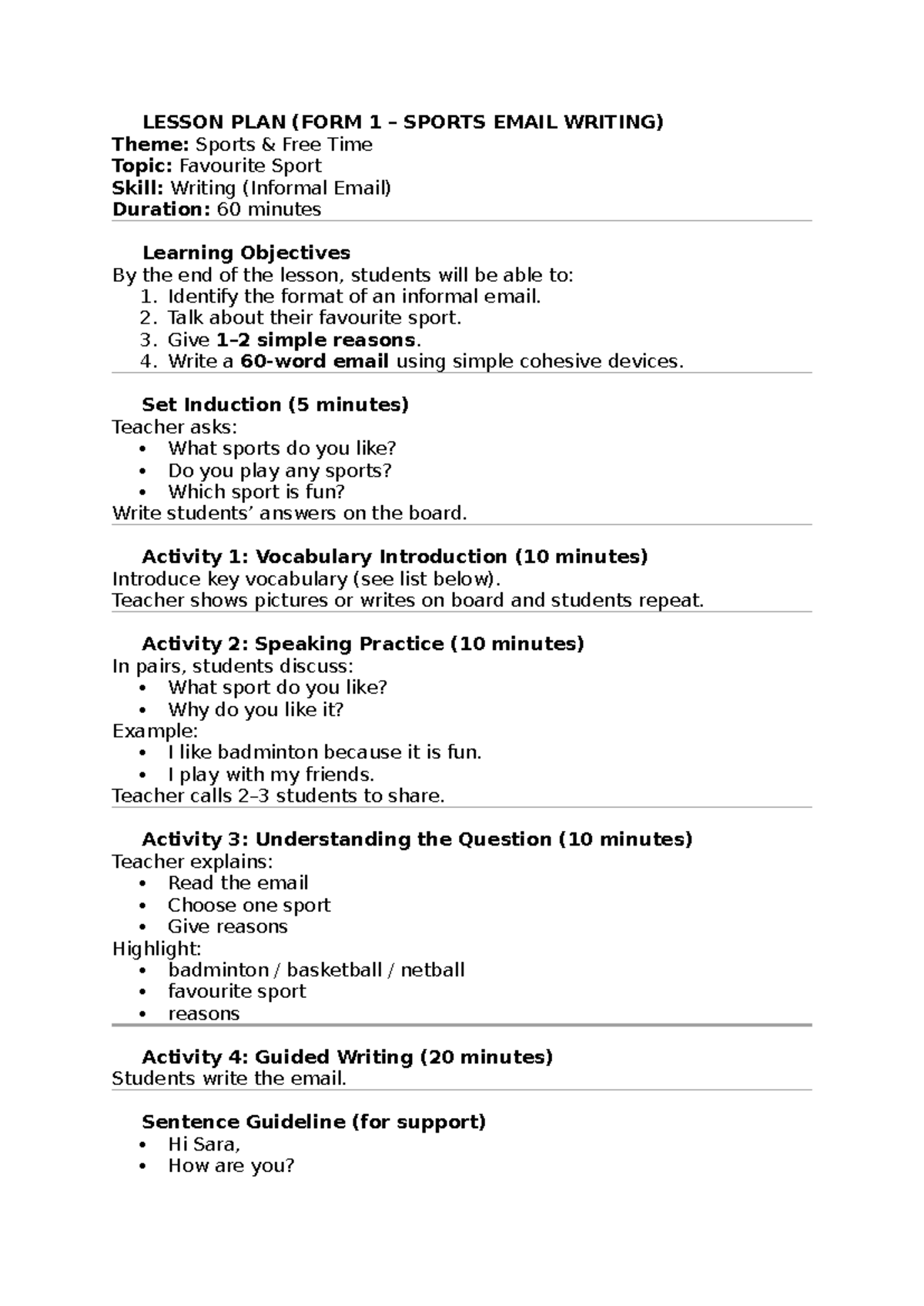 FORM 1 EMAIL WRITING LESSON PLAN: FAVOURITE SPORT - Studocu