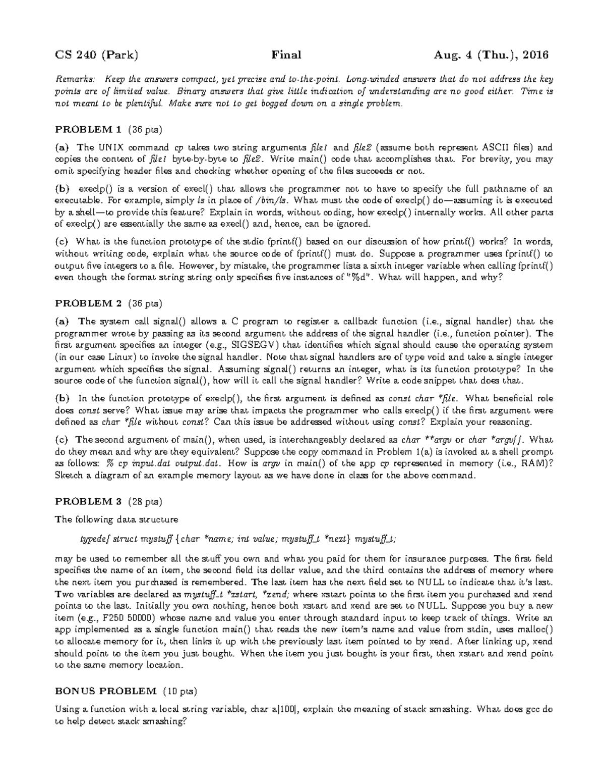 CS 240 (Park) Final Exam Practice - Aug. 4, 2016 - Studocu