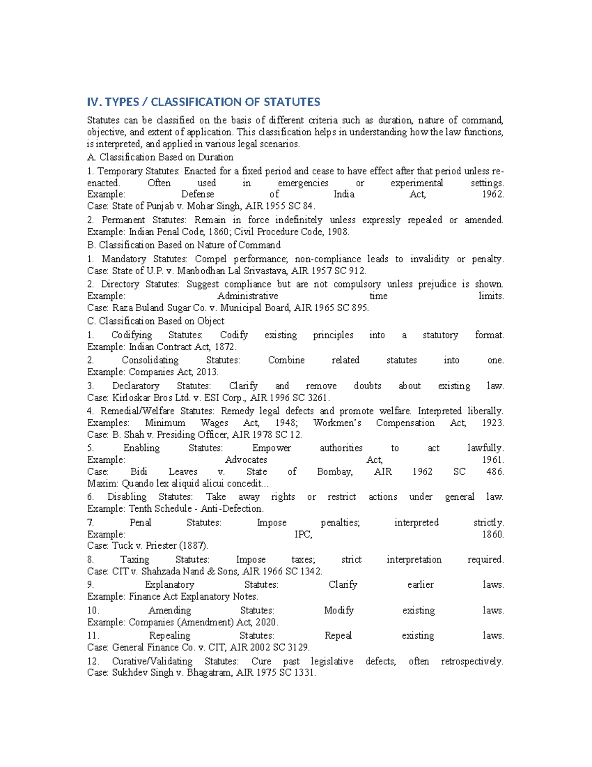 IV. Types of Statutes: Classification and Legal Implications - Studocu