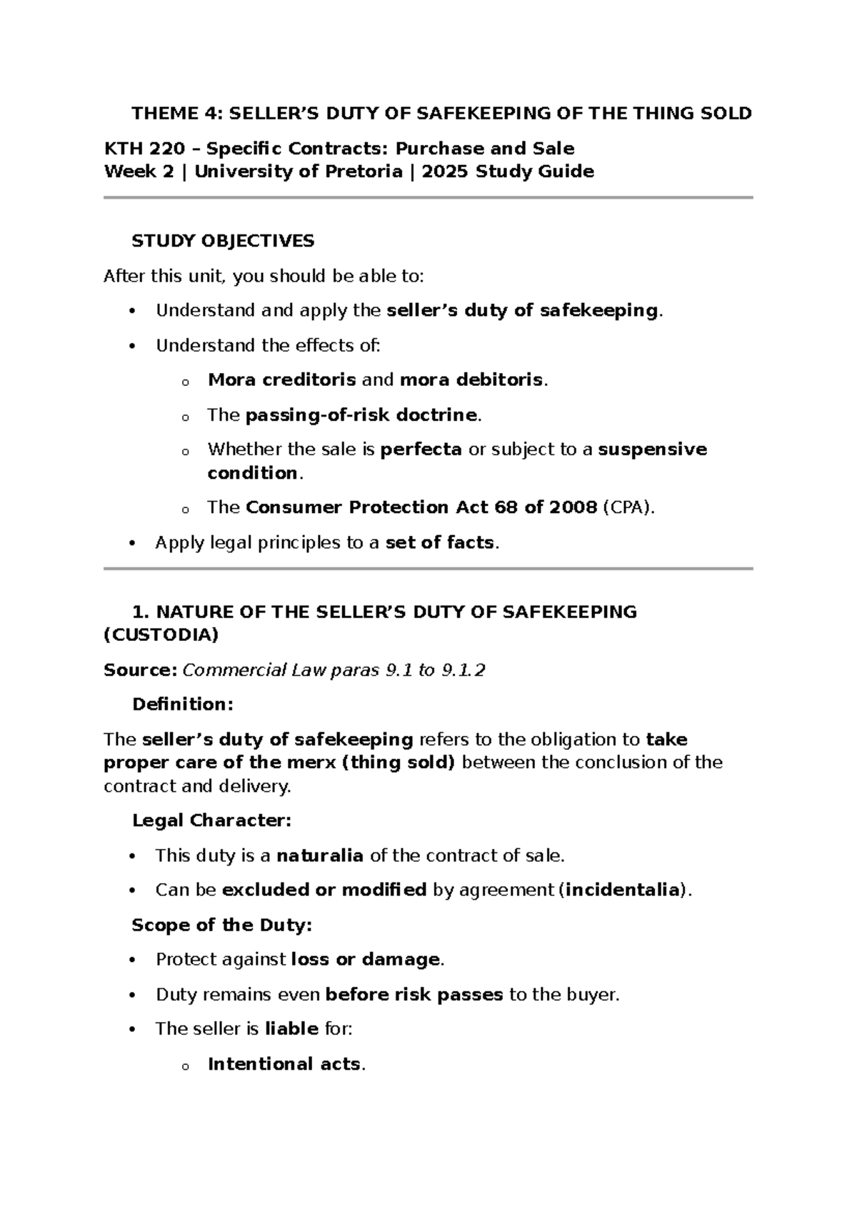 KTH 220 Theme 4: Duty of Safekeeping in Sale Contracts - Study Guide ...