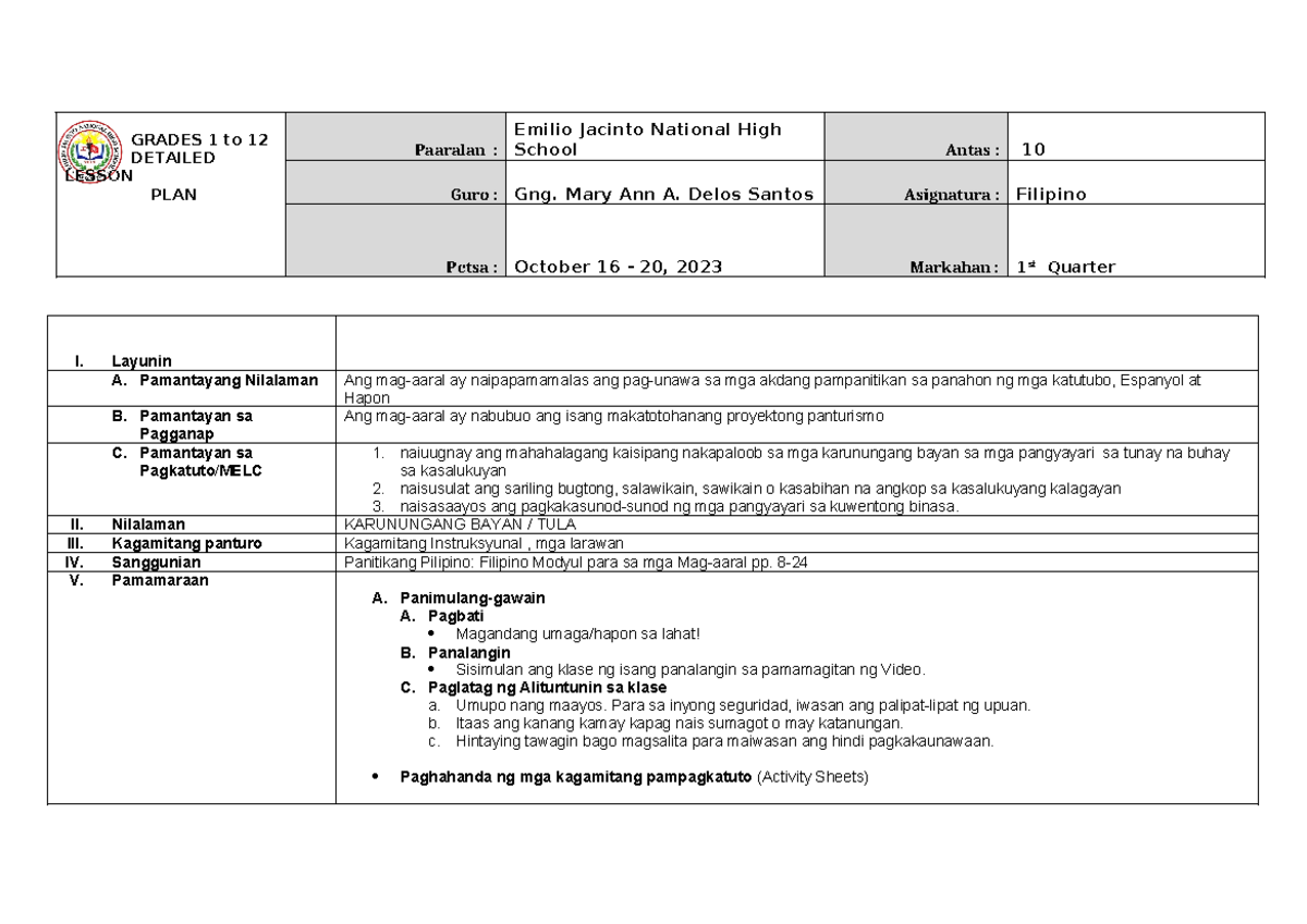 CO1 - Lesson Plan on Karunungang Bayan & Tula (Filipino) - Studocu