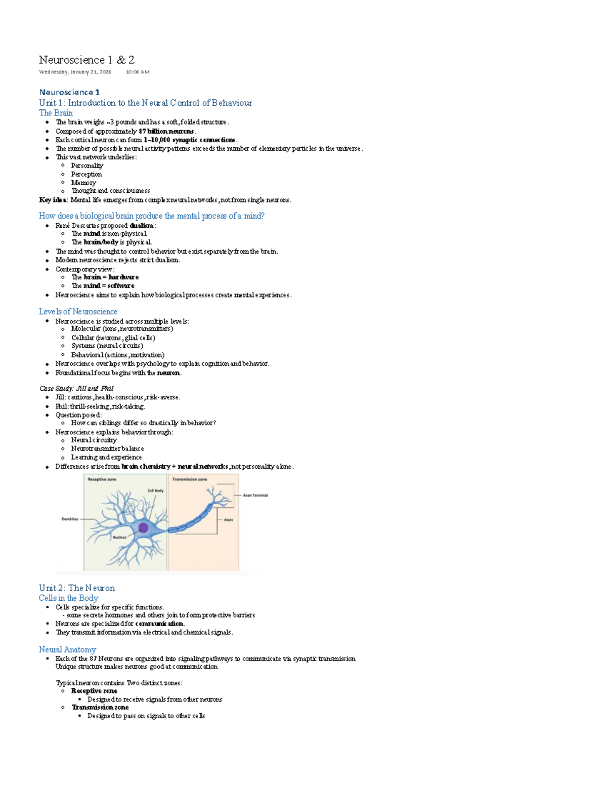 Neuroscience 1 & 2 - Comprehensive Module Notes on Neural Behavior ...