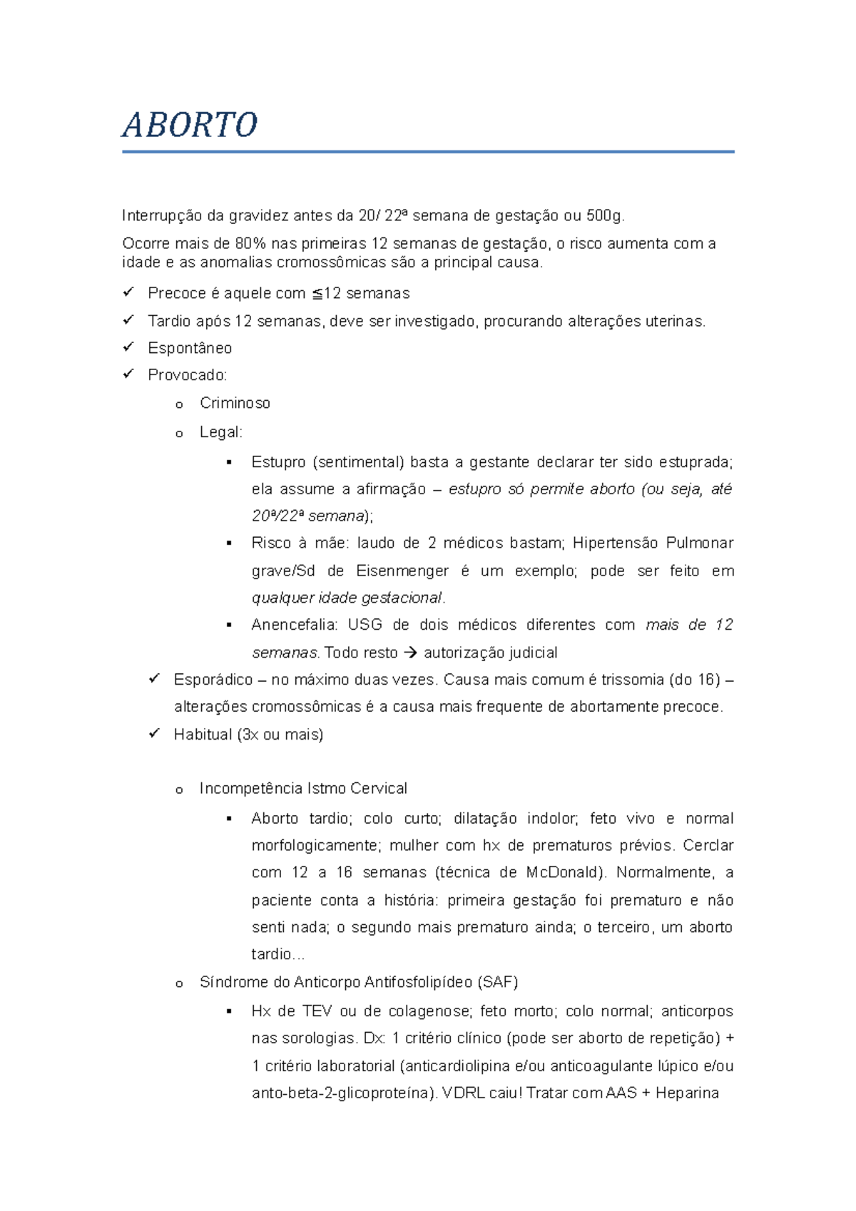 ABORTO OBSTETRICIA - ABORTO Interrupção da gravidez antes da 20/ 22ª ...