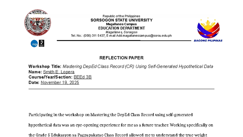 BEEd 3B Reflection Paper: Mastering DepEd Class Record (CR) - Studocu