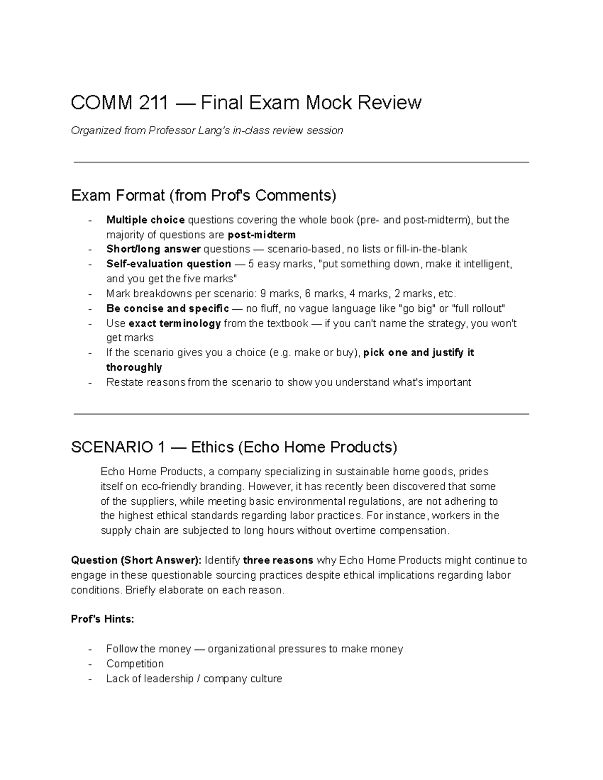 COMM 211 Final Exam Mock Review: Key Strategies & Ethical ...