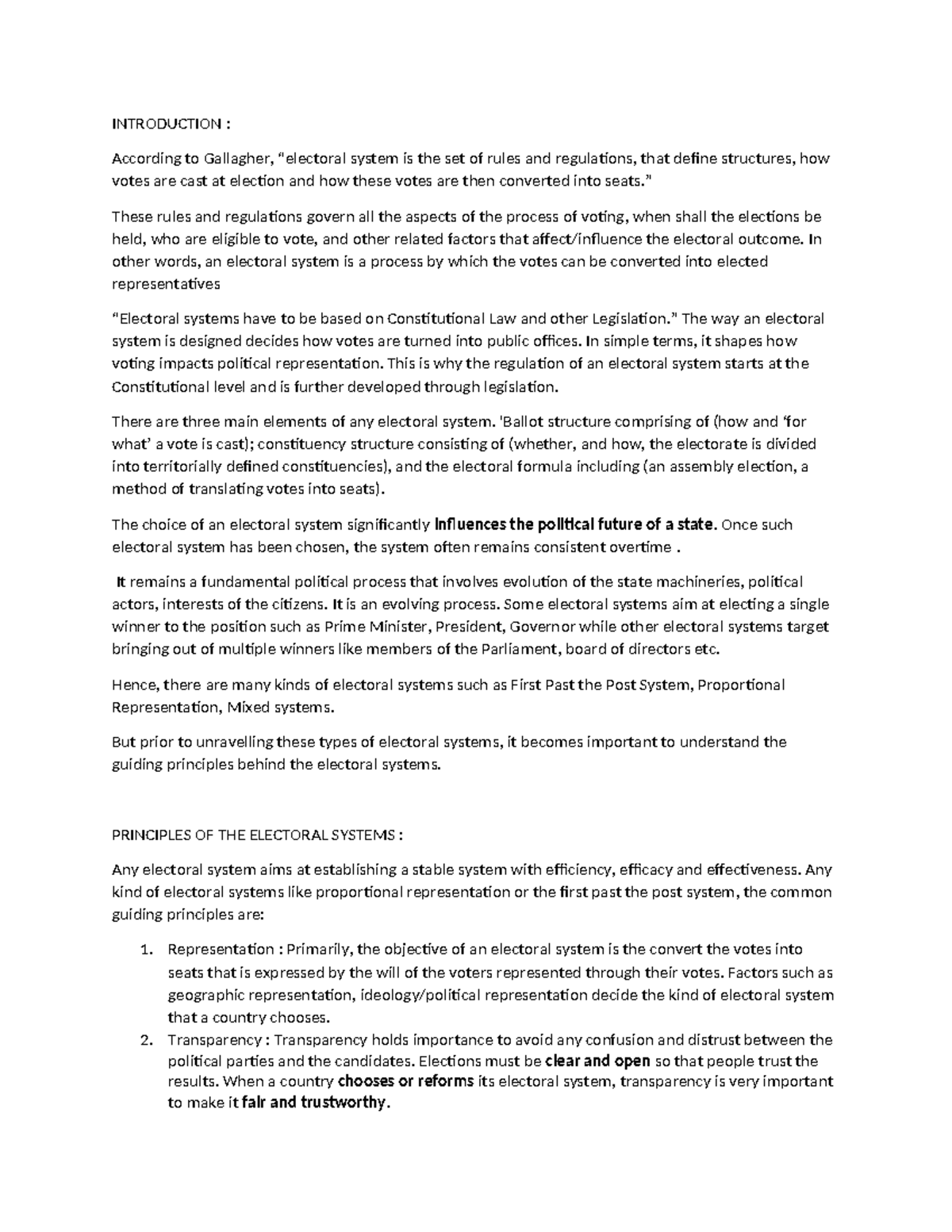 Electoral Systems: Principles, Types, and Impacts on Governance - Studocu