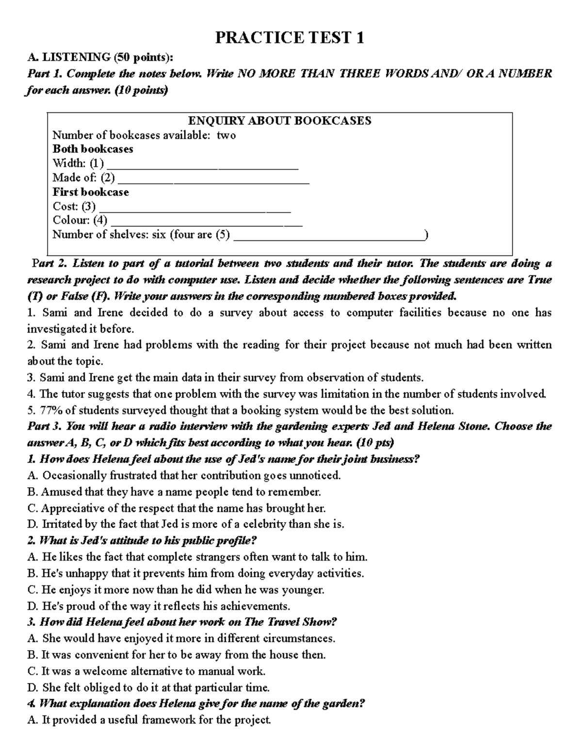 Practice Test 1 - Listening & Reading for Gifted Students - Studocu