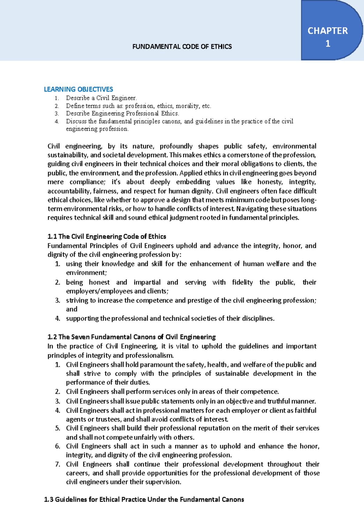 CIVIL ENGINEERING ETHICS CHAPTER 1 LEARNING OBJECTIVES (CE 101) - Studocu