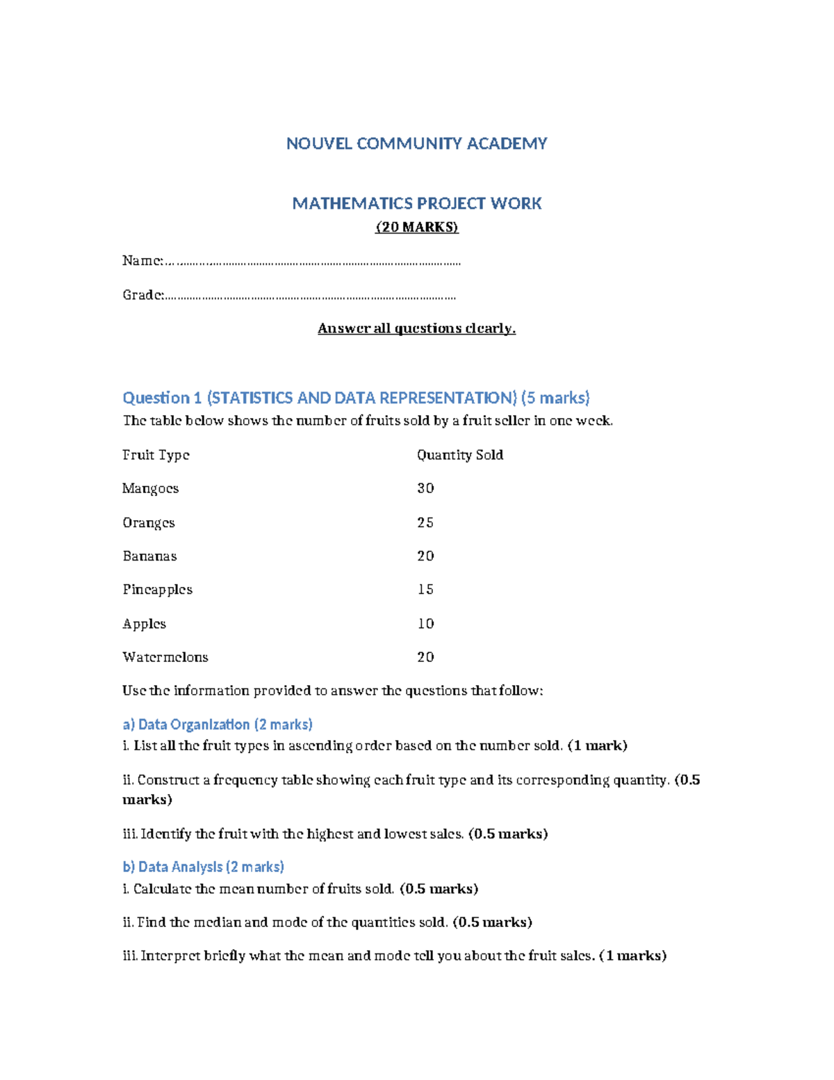 Mathematics Project Work for Grade 7-9 (20 Marks) - Studocu