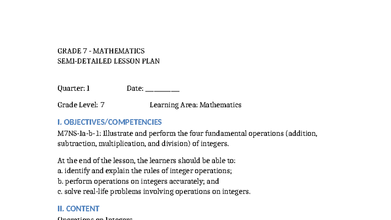 Grade 7 Math Lesson Plan: Operations on Integers (Quarter I) - Studocu
