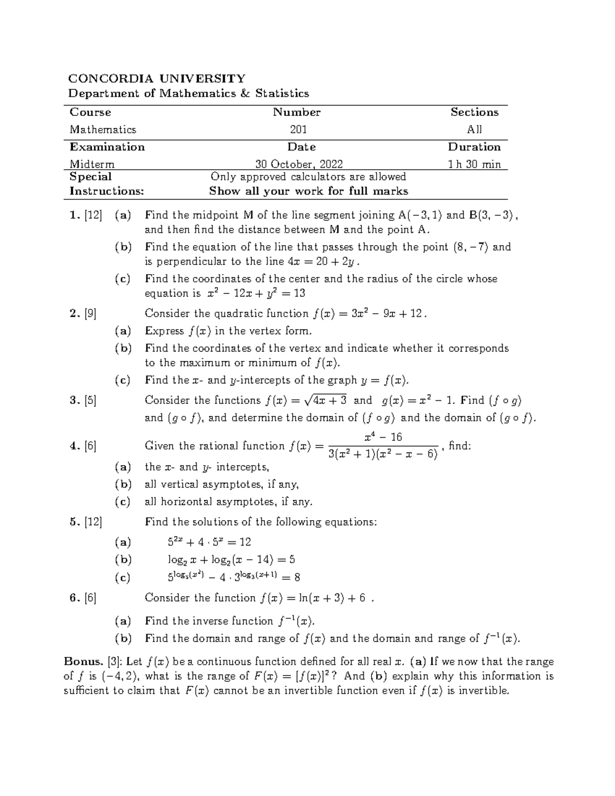 Math201 Fall 22 Midterm Exam Instructions and Problems - Studocu