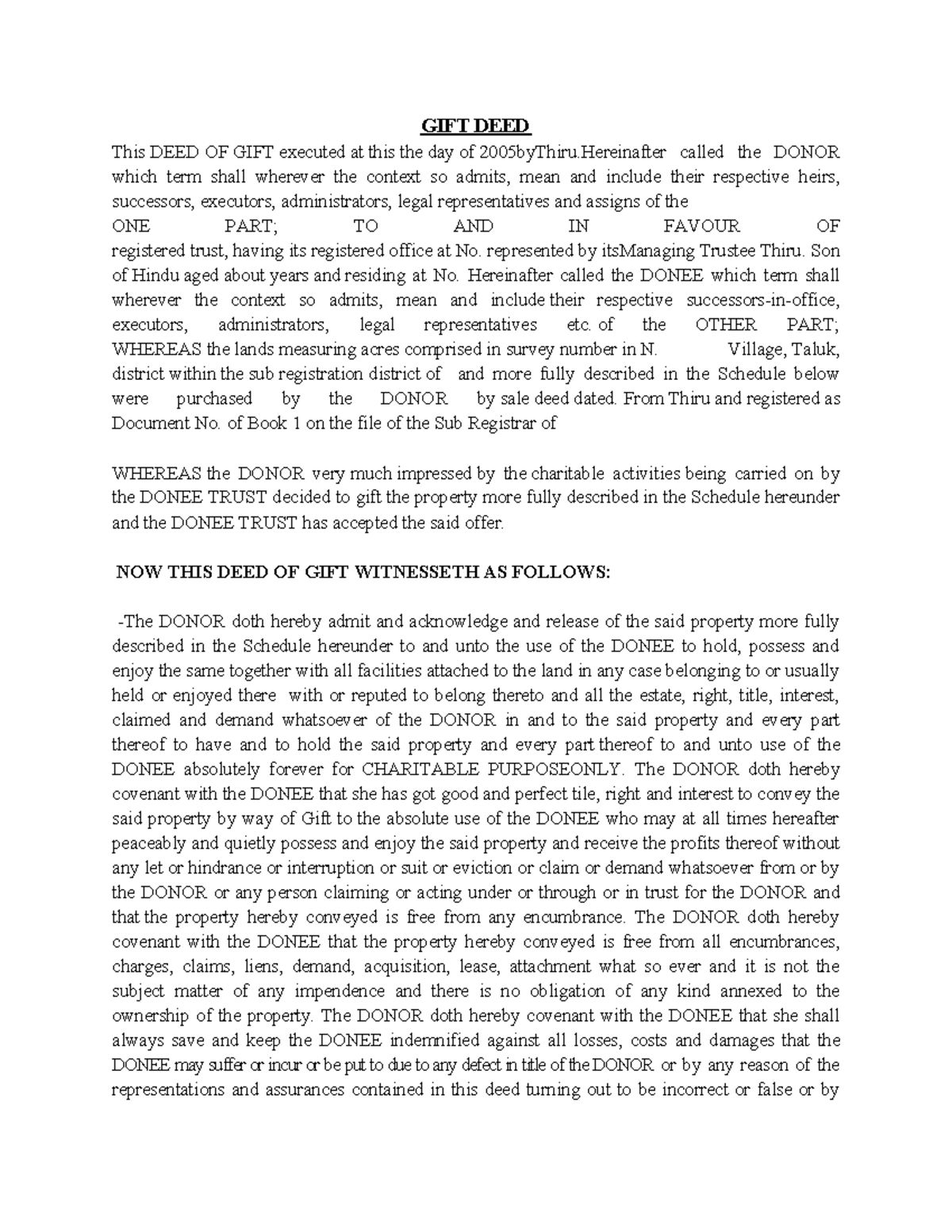 GIFT DEED - A LEGAL DOCUMENT FOR CHARITABLE TRANSFER - Studocu