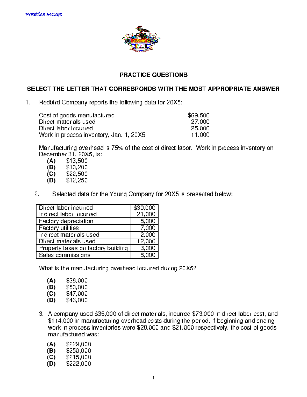 Practice MCQs for Accounting Concepts and Cost Analysis - Studocu
