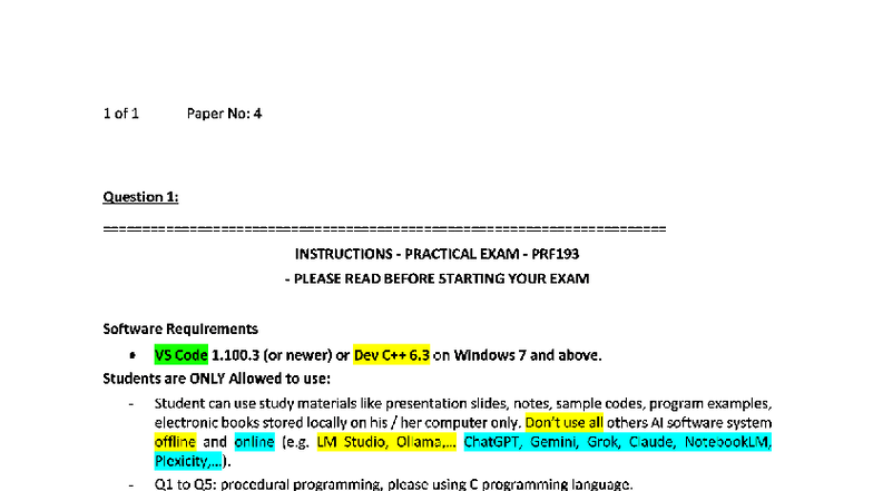 Practical Exam Instructions for PRF193: C & OOP Programming Tasks - Studocu