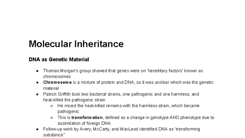 BIOL101 Molecular Inheritance: DNA as Genetic Material Overview - Studocu