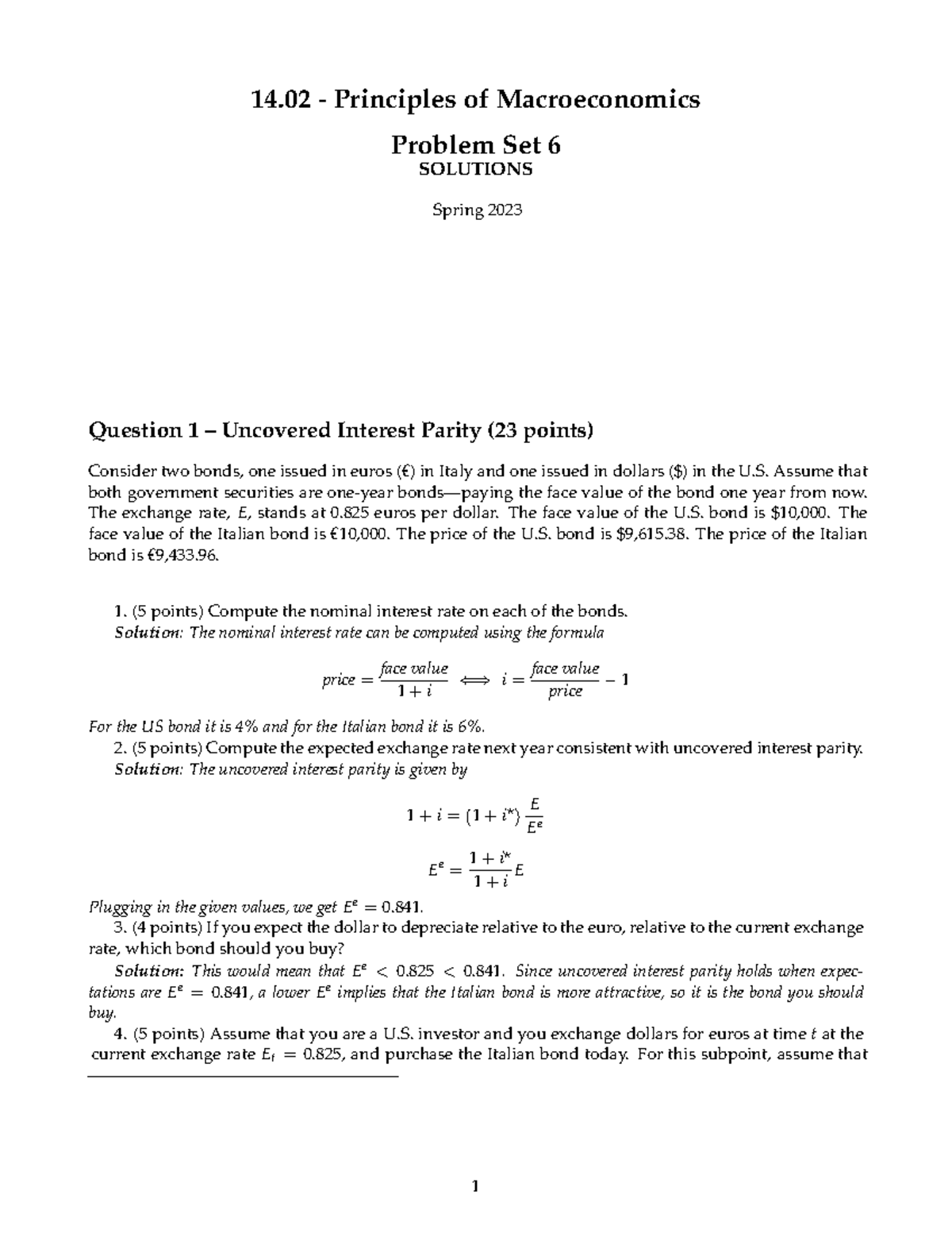 MIT 14.02 Principles of Macroeconomics Problem Set 6 Solutions - Studocu