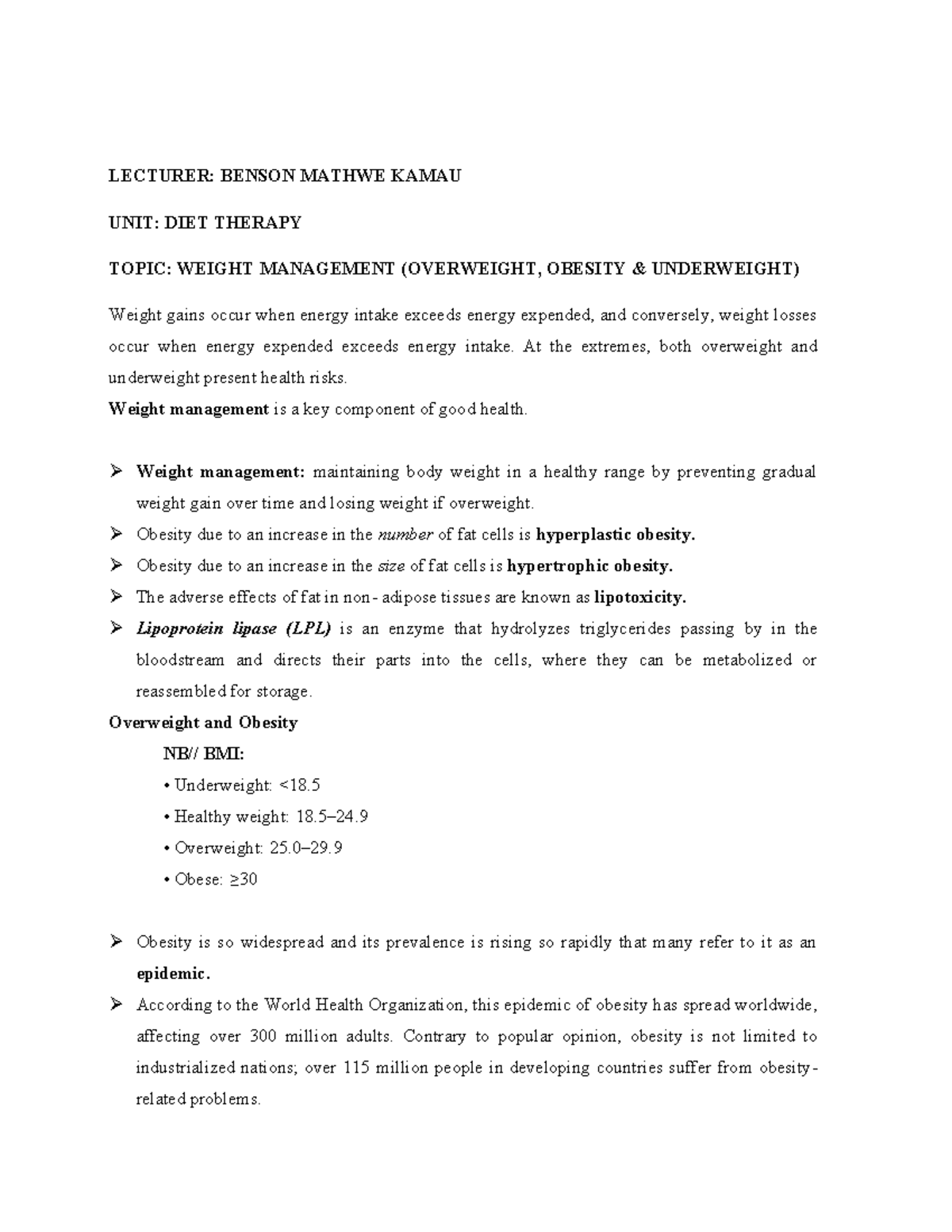 Weight Management Notes - DIET THERAPY (Final Exam Study Guide) - Studocu