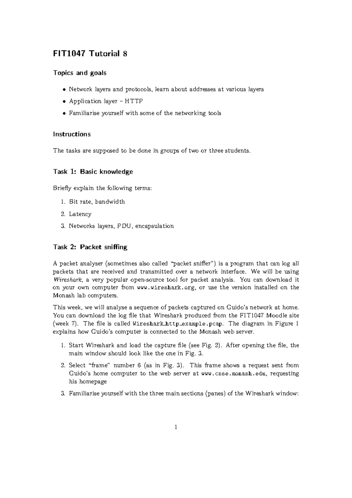 FIT1047 Lab Week 8 - FIT1047 Tutorial 8 Topics and goals Network layers ...