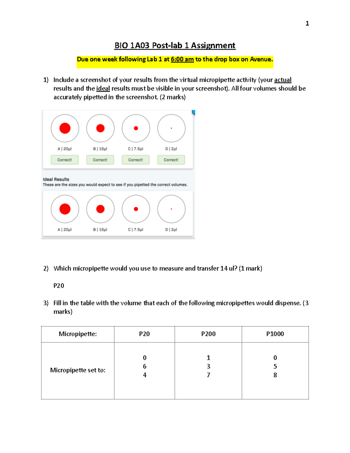 BIO 1A03 Post-lab 1 Assignment - BIO 1A03 Post-lab 1 Assignment Due one ...