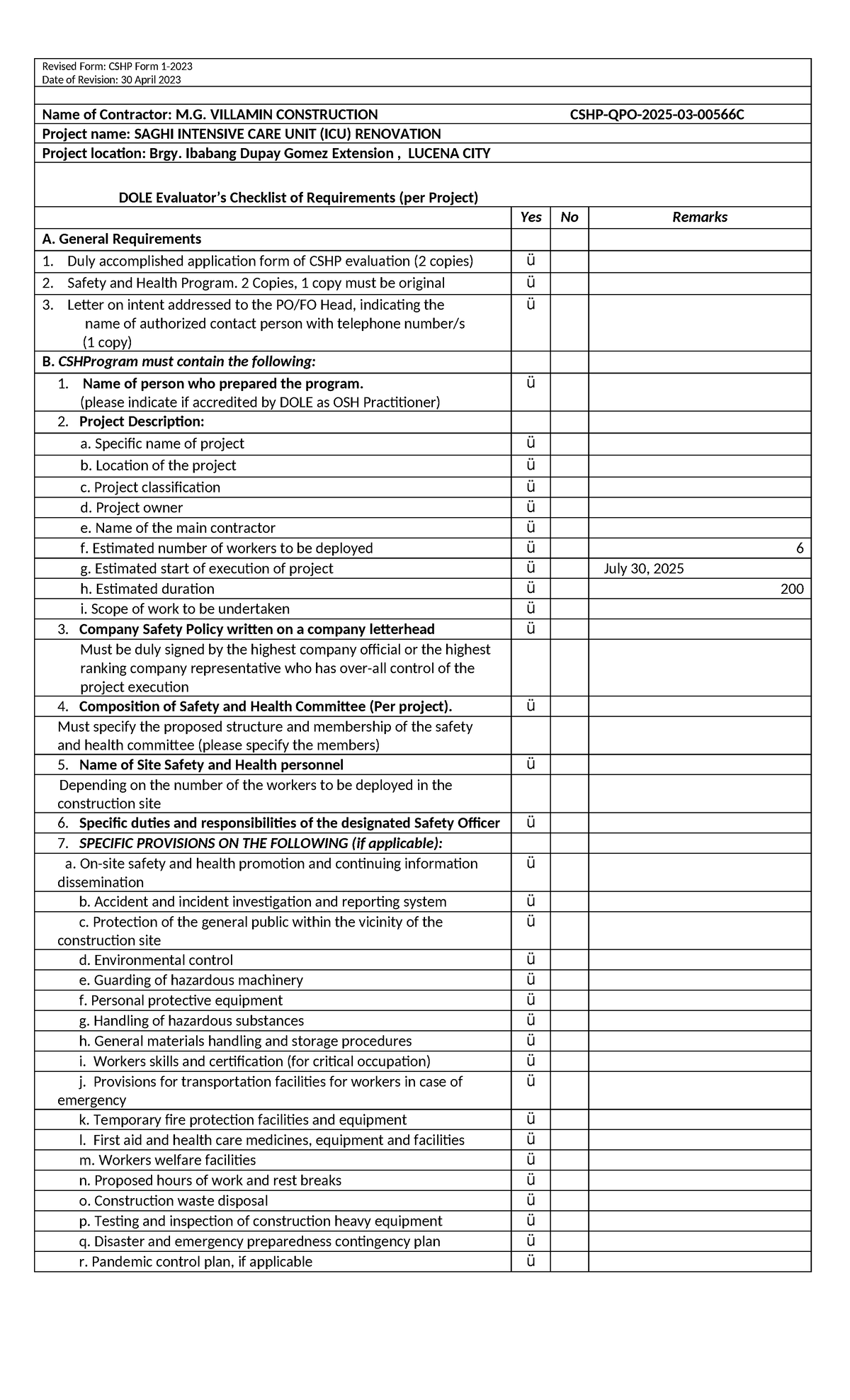 Revised CSHP Form for SAGHI ICU Renovation Project - M.G. Villamin ...