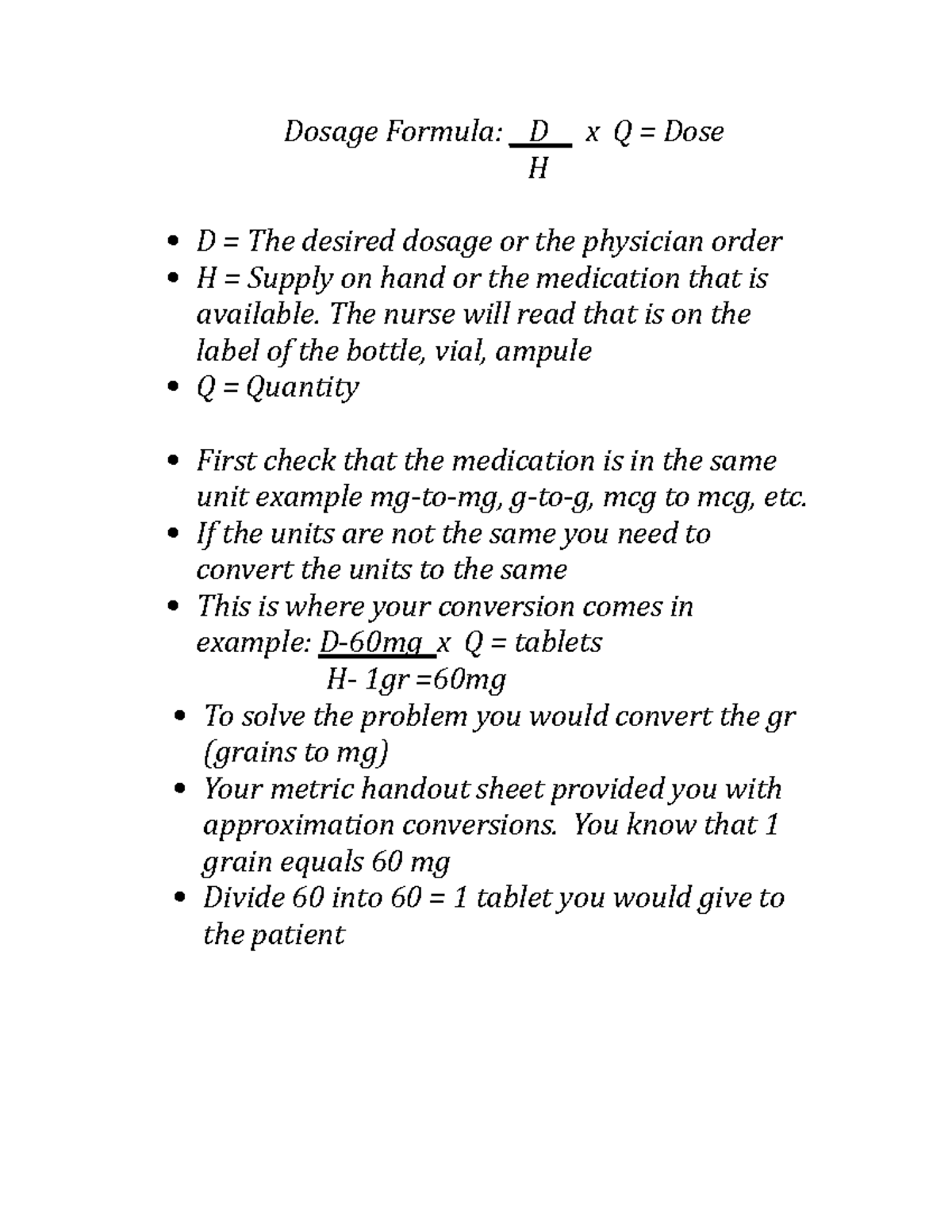 D over H Dosage Calculations for Medication Administration - Studocu