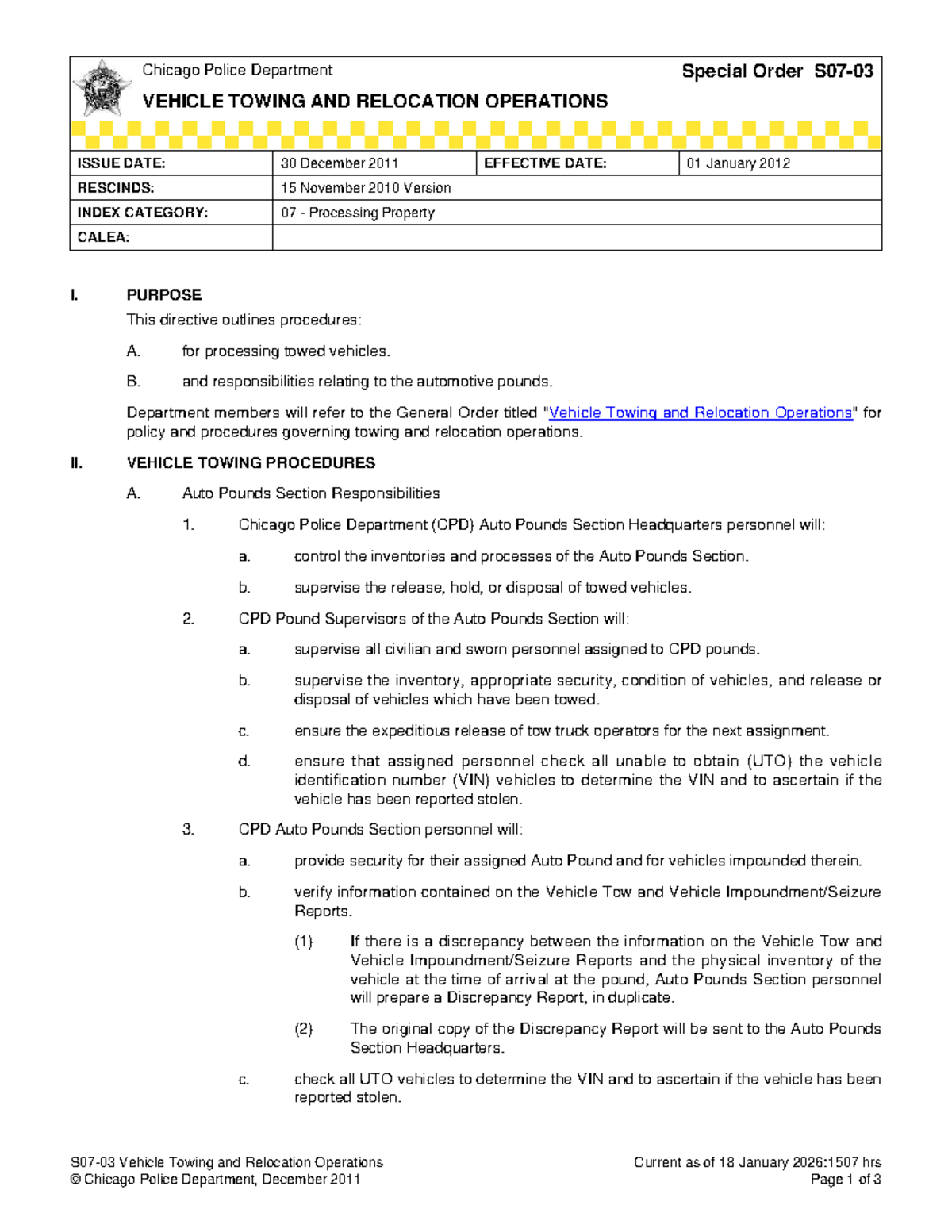 Chicago Police Department Special Order: Vehicle Towing Operations ...