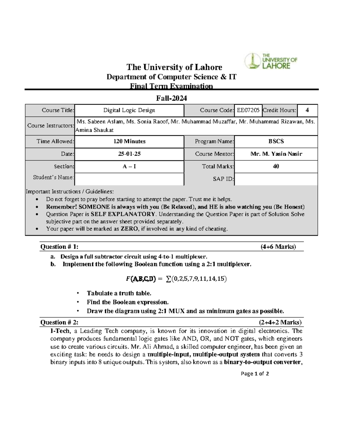 DLD Final Term Exam EE07205 - Fall 2024 Paper Overview - Studocu