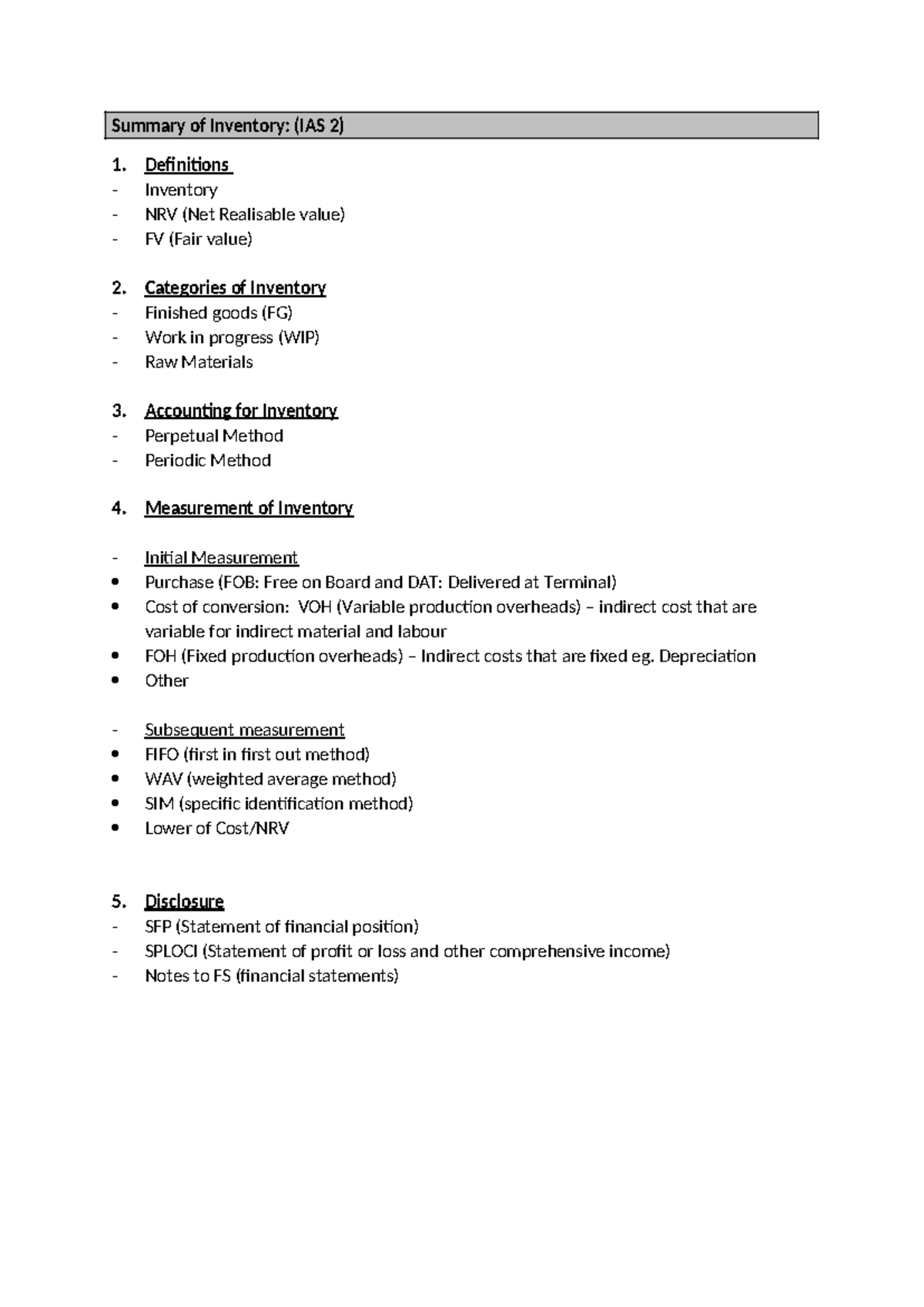 Summary of Inventory Accounting (IAS 2) - Key Concepts & Methods - Studocu