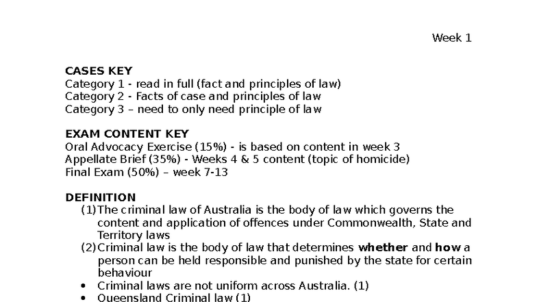 Week 1 Criminal Law Overview: Key Principles & Case Insights - Studocu
