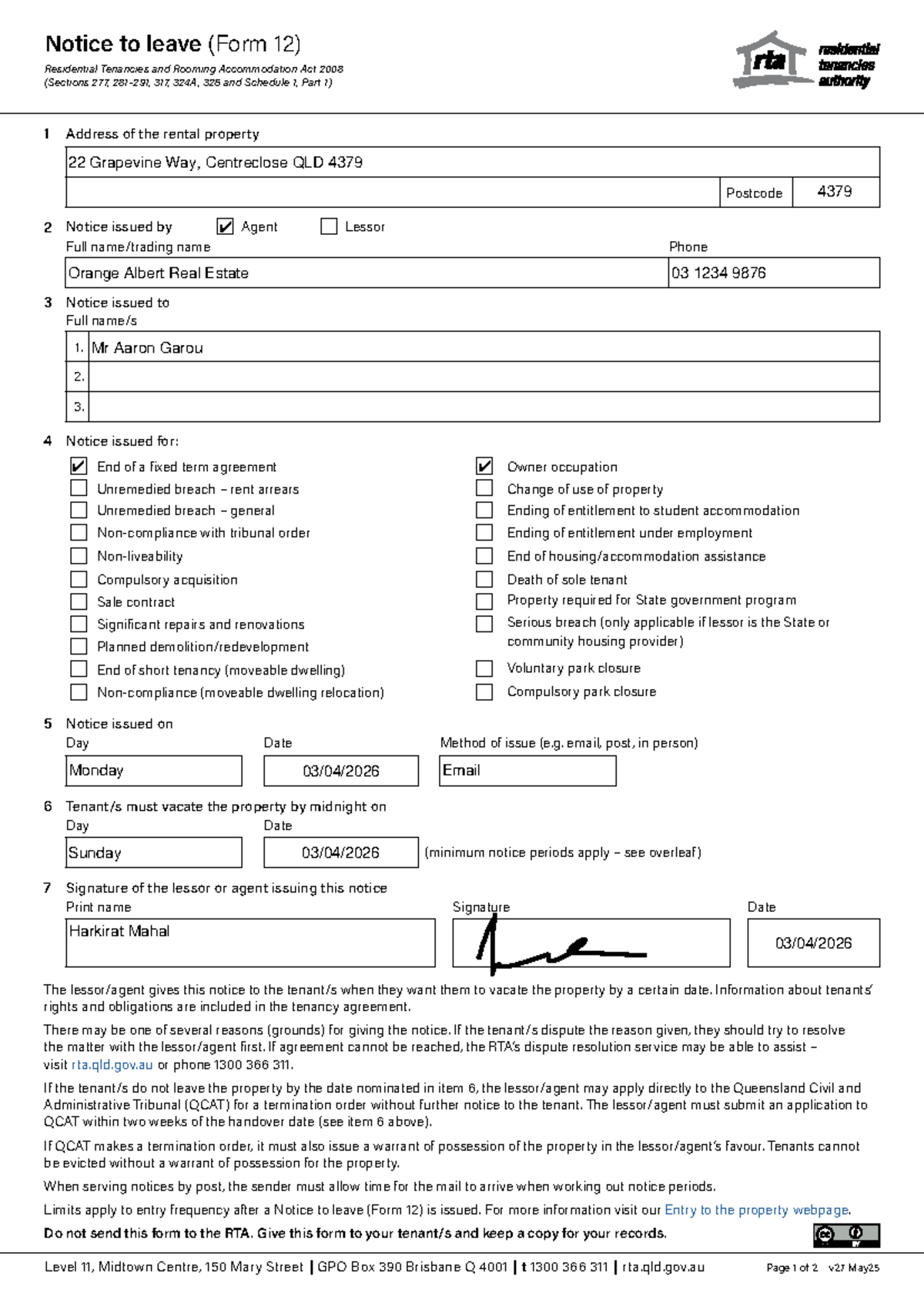 Form 12: Notice to Leave Under Residential Tenancies Act 2008 - Studocu