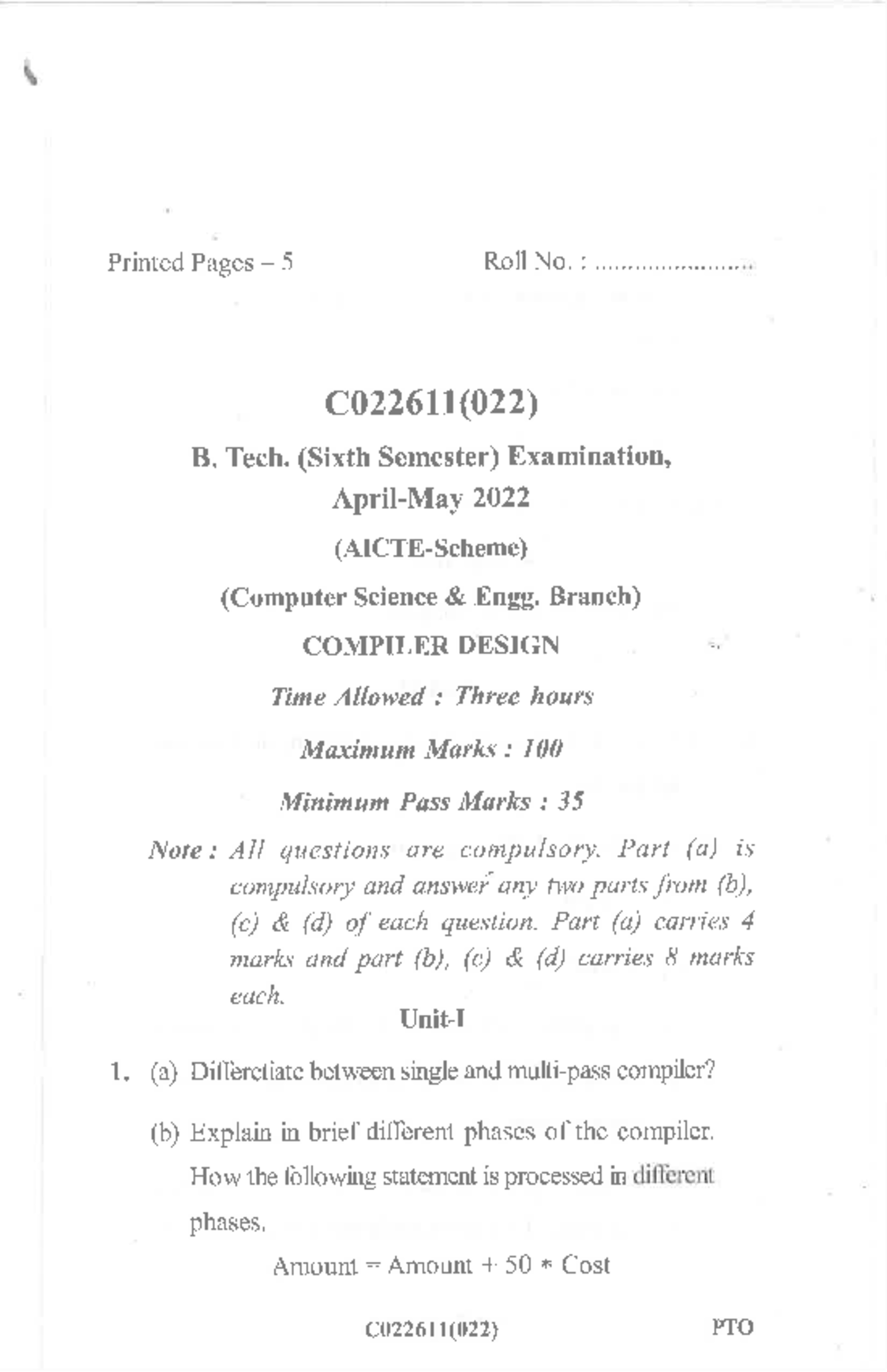 2022 B. Tech. COMPILER DESIGN Exam Paper (C022611) - 6th Sem - Studocu
