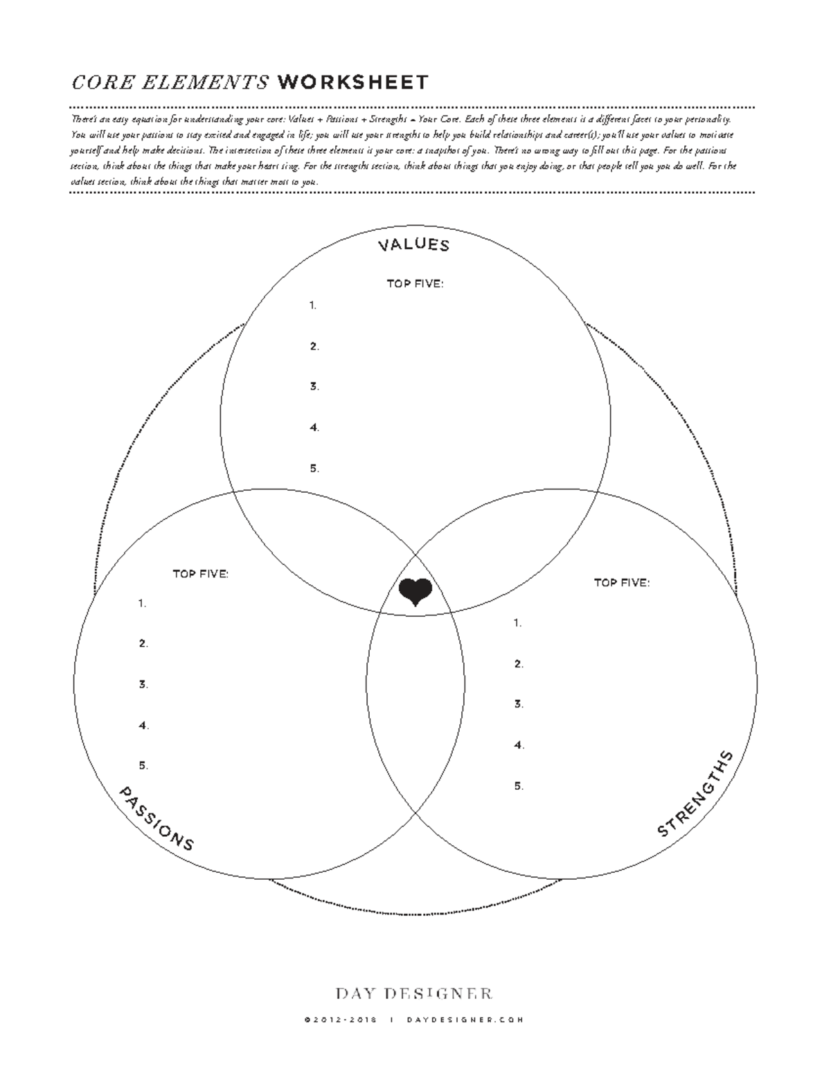 CORE ELEMENTS WORKSHEET: Understanding Your Core Values, Passions ...