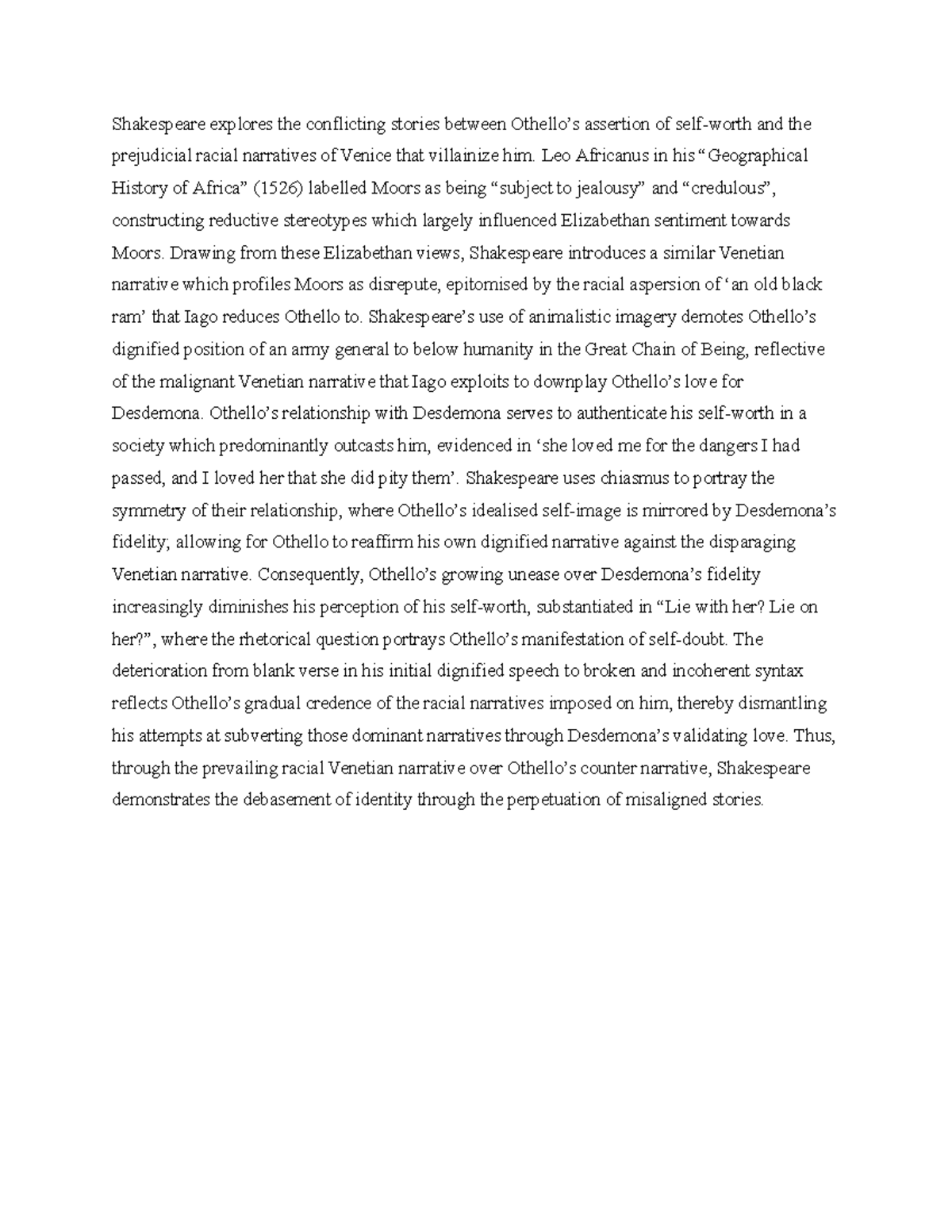 Othello Body Paragraph: Racial Narratives and Identity in Shakespeare's ...