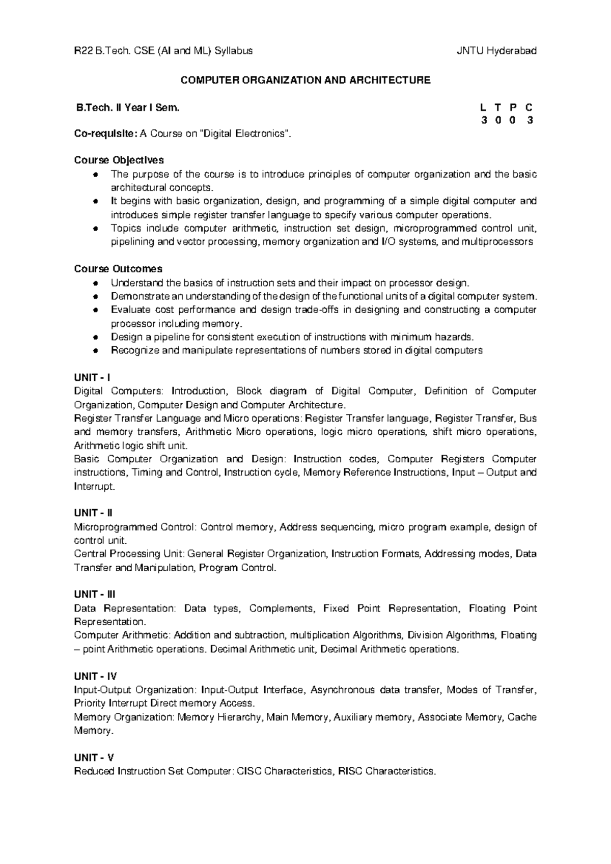 R22 B.Tech. CSE (AI & ML) COA Syllabus - II Year I Sem. - Studocu