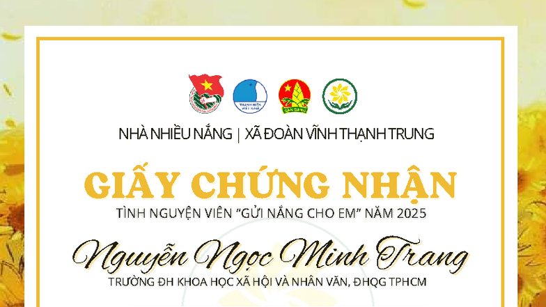 Giấy Chứng Nhận Tình Nguyện Viên Nắng 2025 - Nguyễn Ngọc Minh Trang - Document Preview