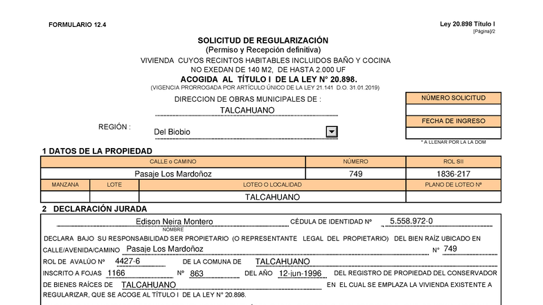 Formulario 12.4 Solicitud de Regularización Vivienda Ley 20.898 - Document Preview