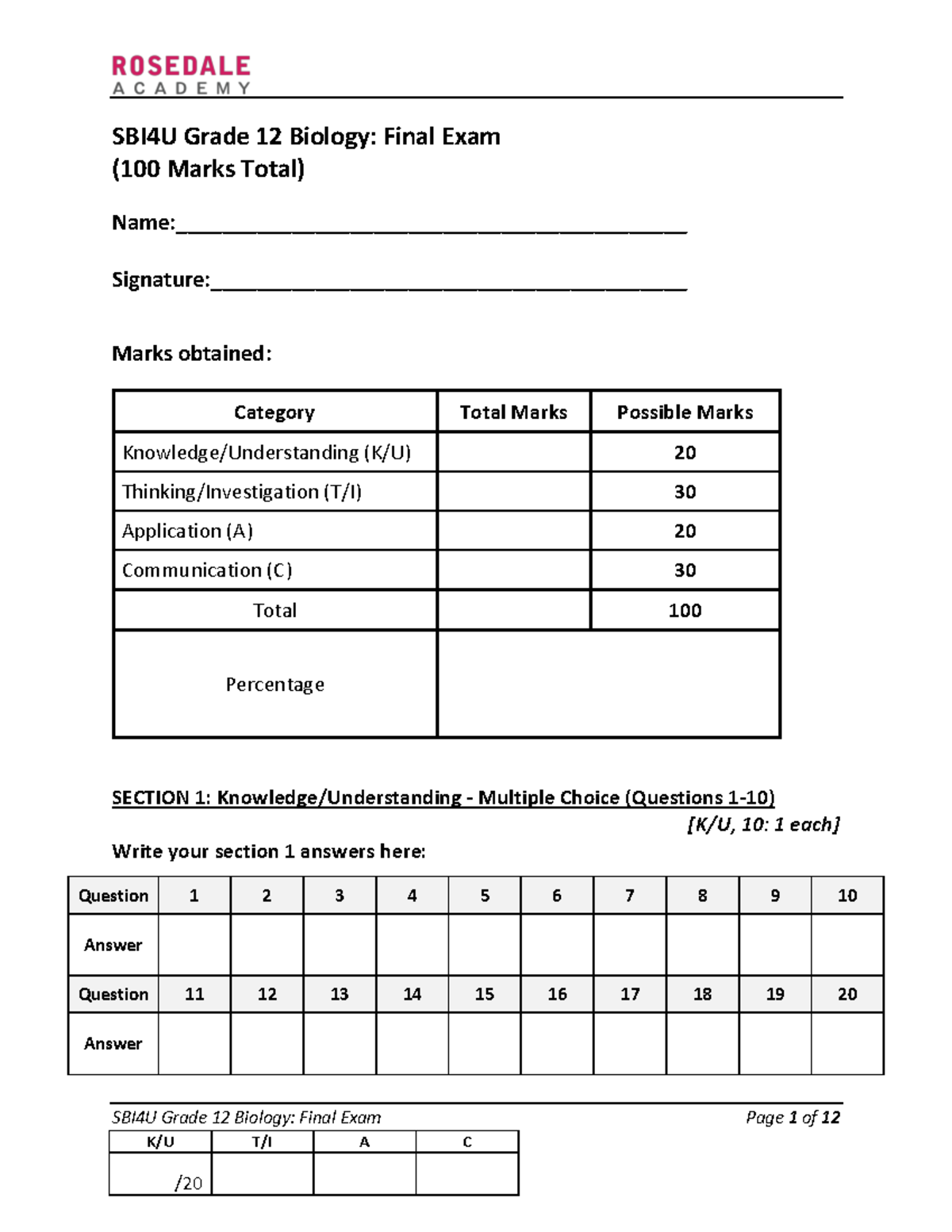 Safari - review - SBI4U Grade 12 Biology: Final Exam Page 1 of 12 SBI 4 ...