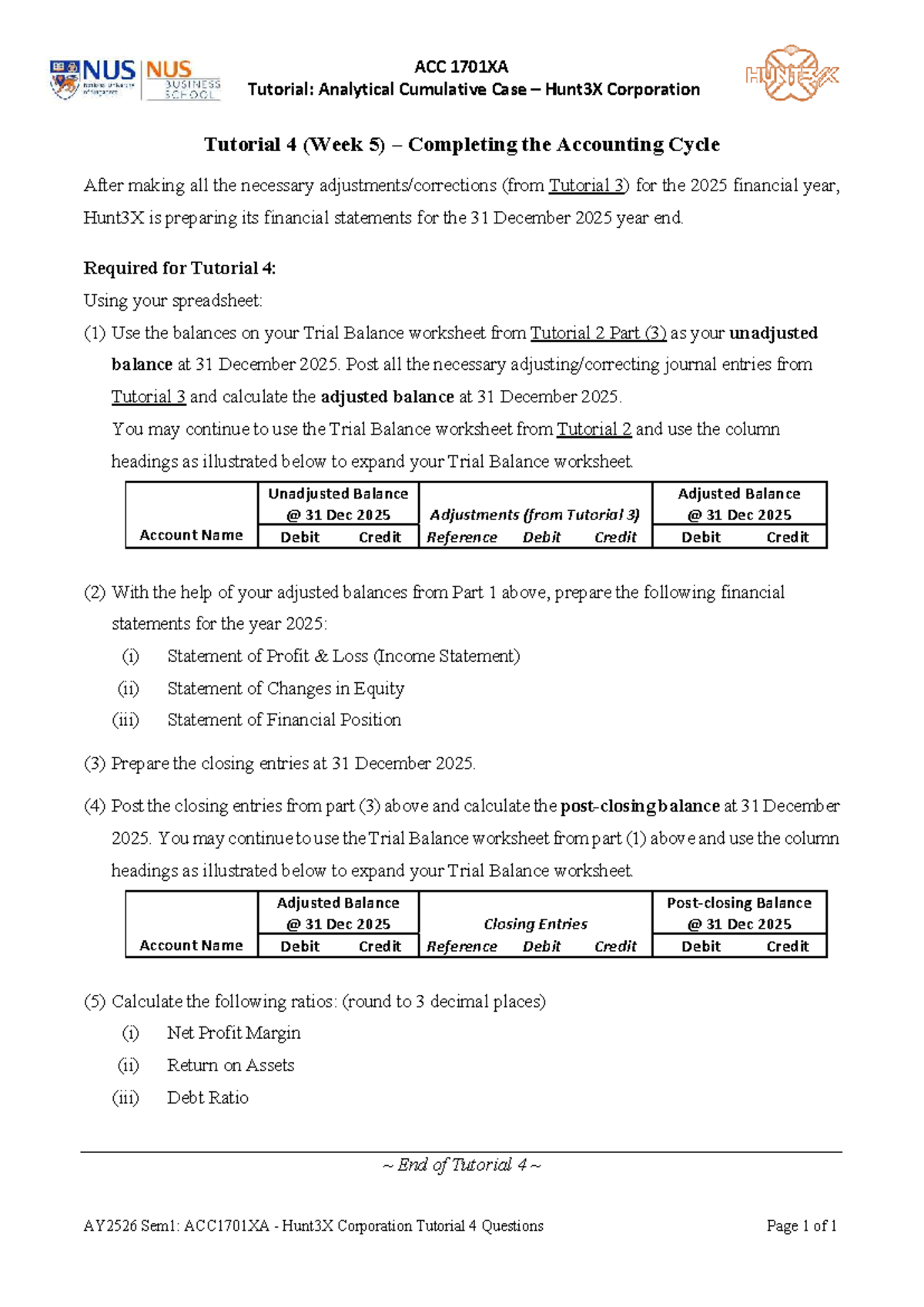 ACC 1701XA Tutorial 4: Completing the Accounting Cycle for Hunt3X - Studocu